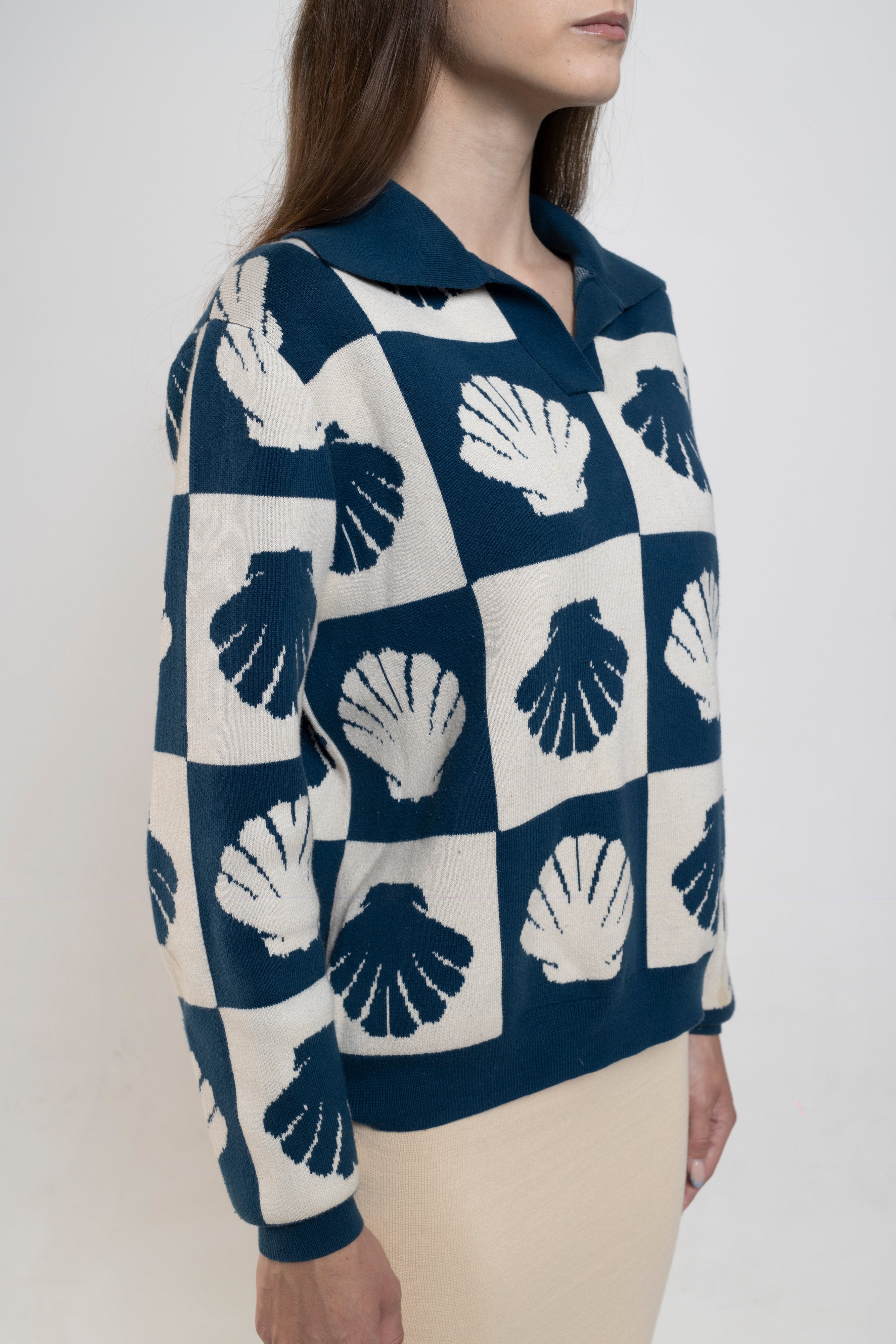 Long Sleeve Knit Polo In Blue Shell Print