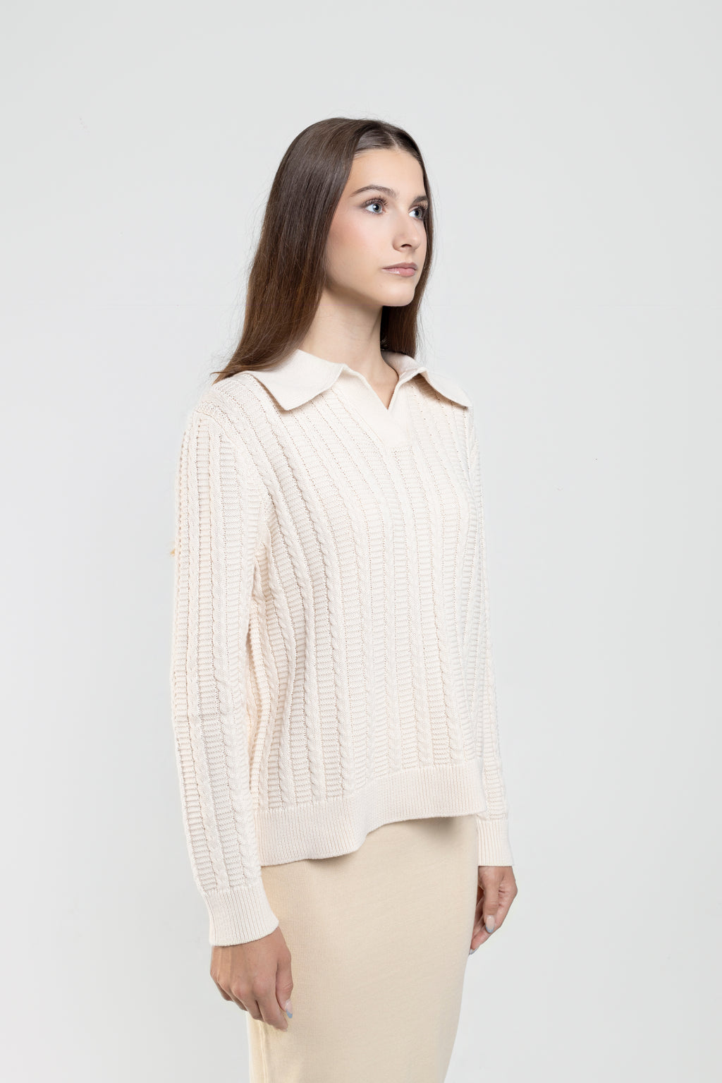 Cable Knit Long Sleeve Polo in Ivory White