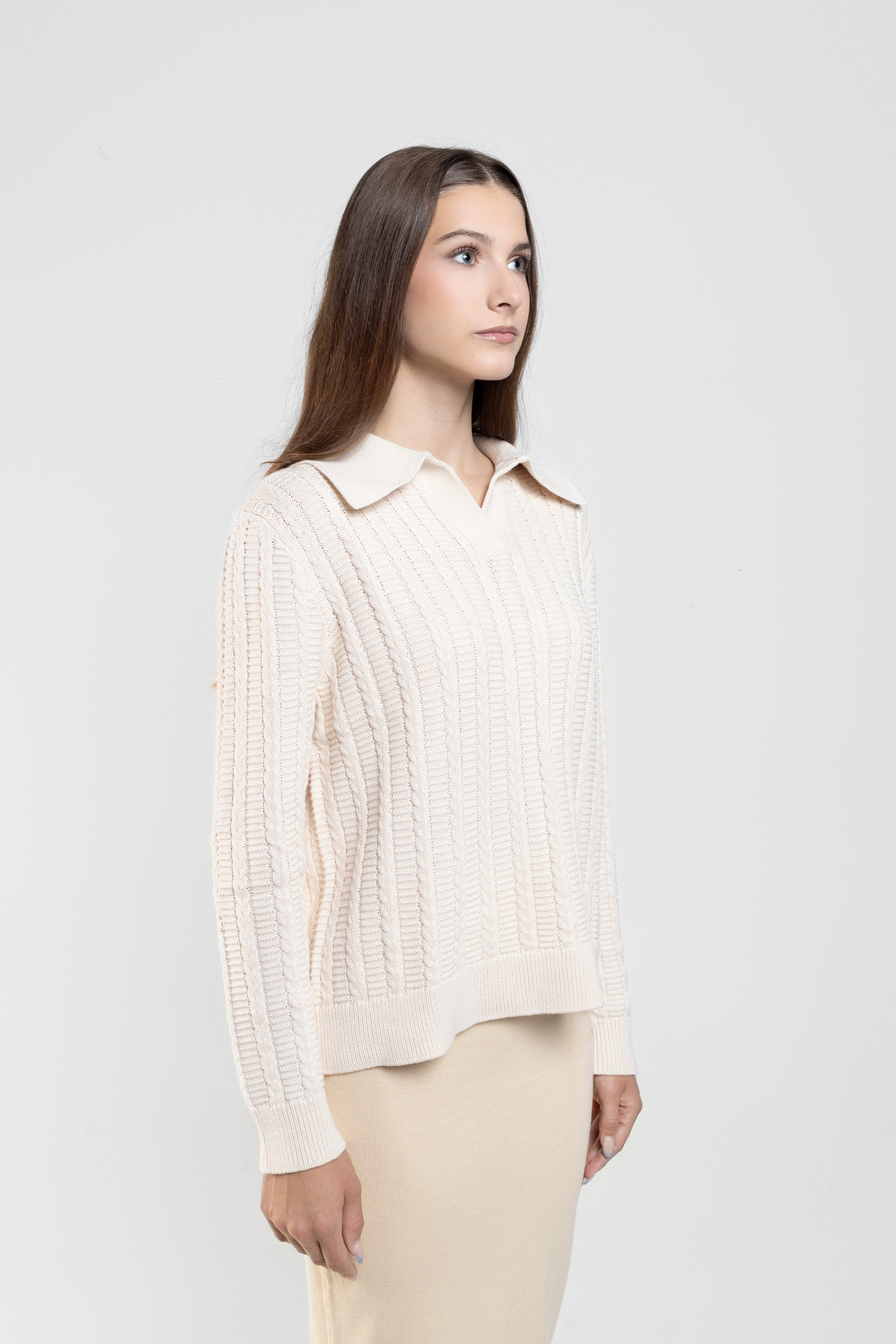 Cable Knit Long Sleeve Polo in Ivory White
