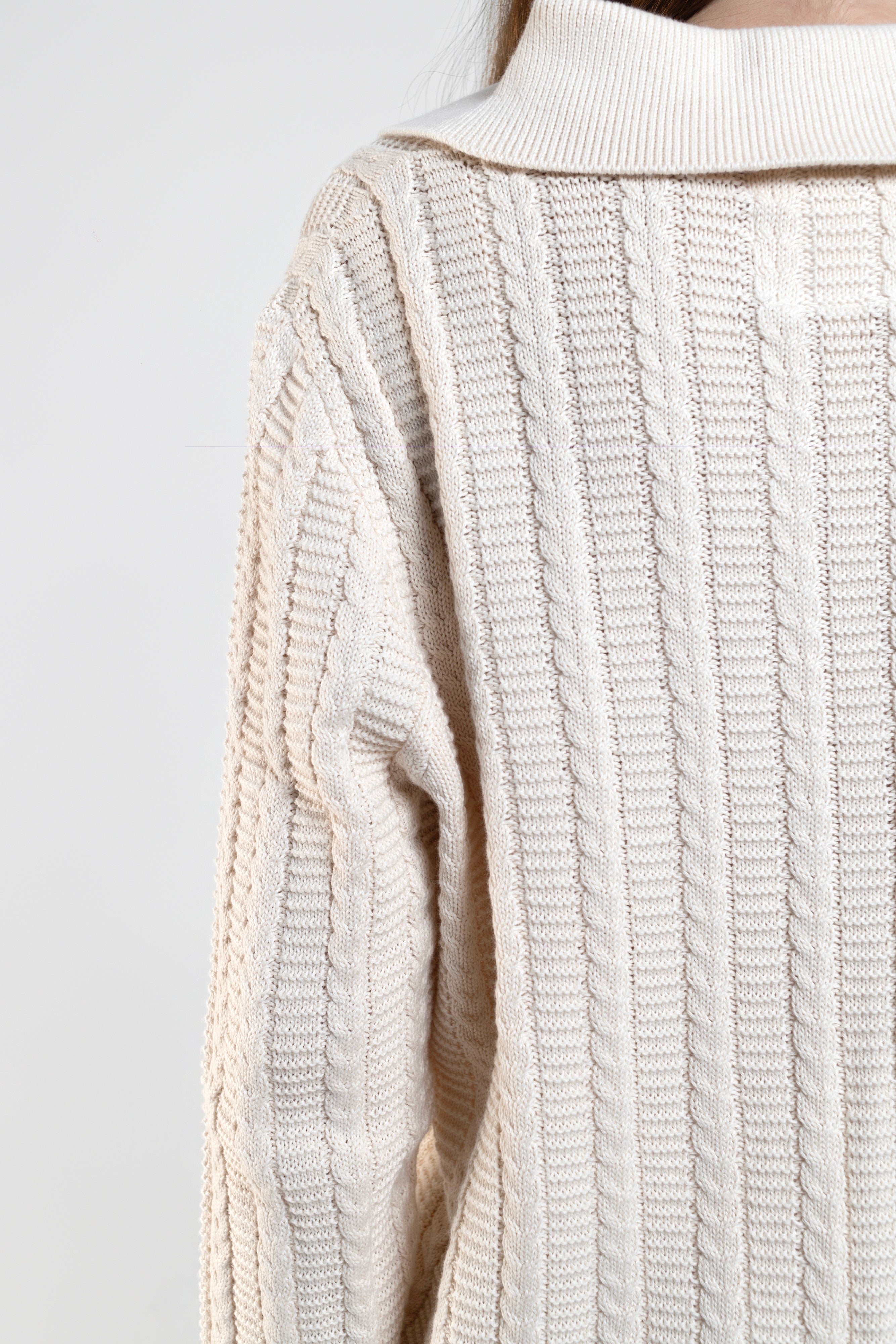 Cable Knit Long Sleeve Polo in Ivory White
