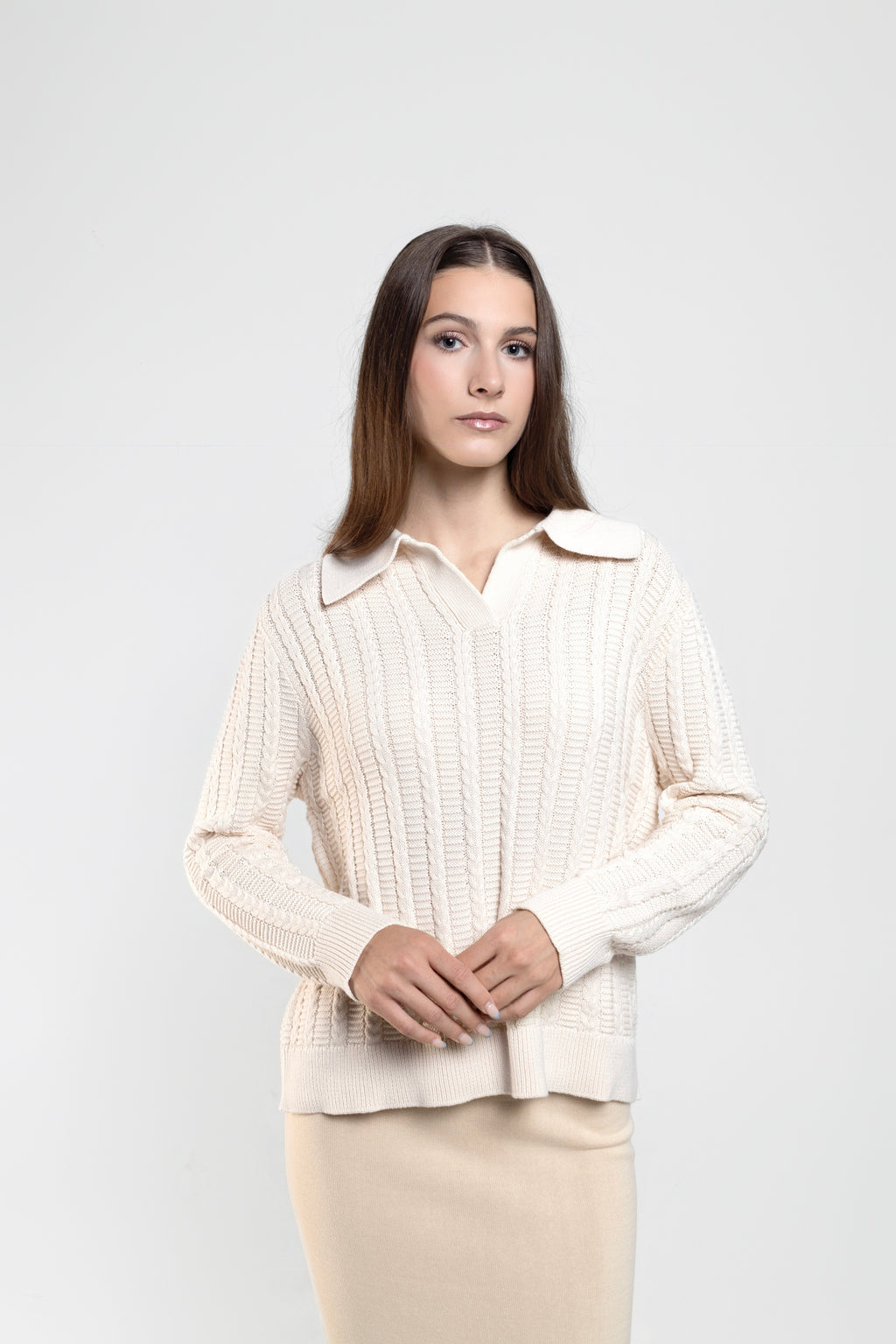 Cable Knit Long Sleeve Polo in Ivory White