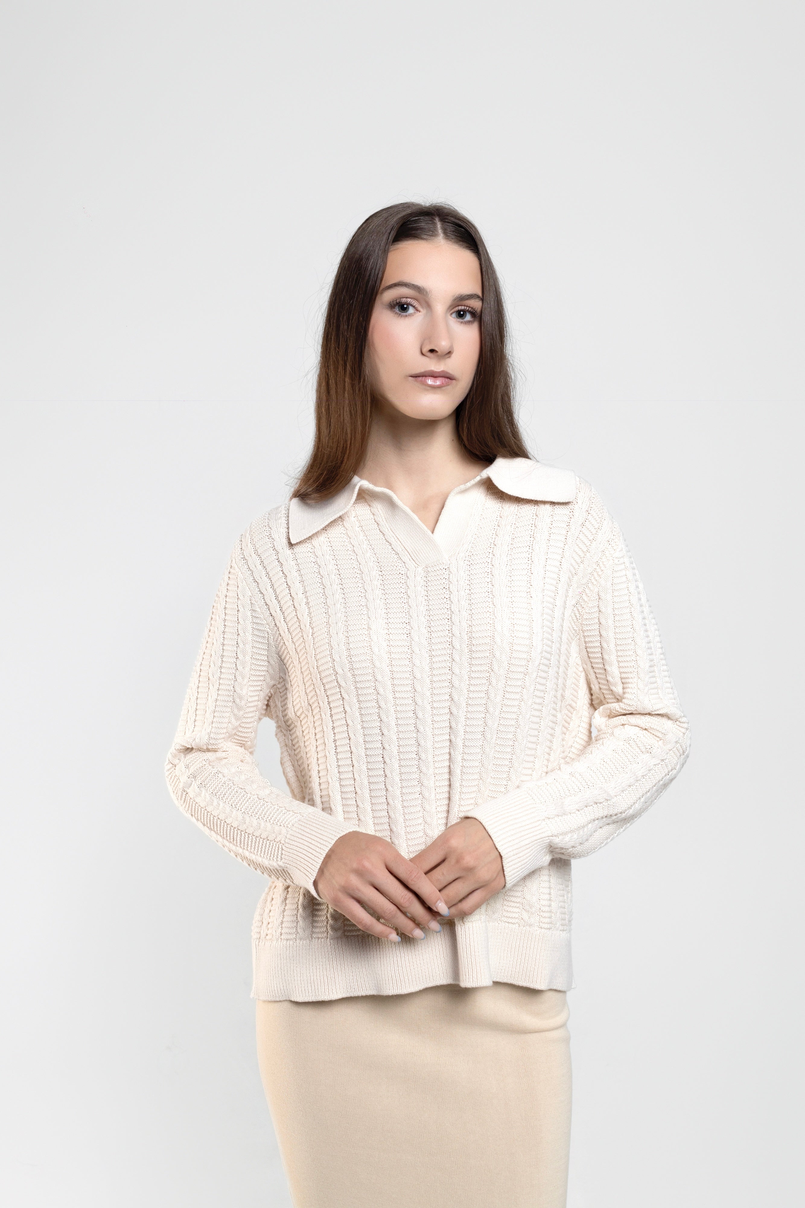 Cable Knit Long Sleeve Polo in Ivory White