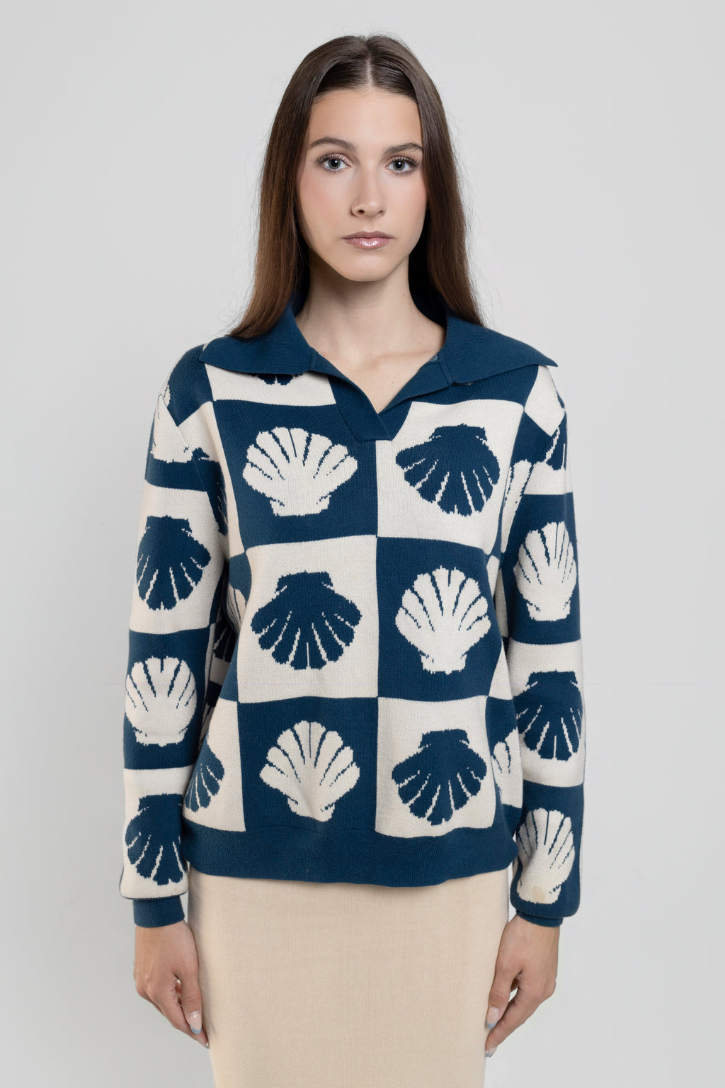 Long Sleeve Knit Polo In Blue Shell Print