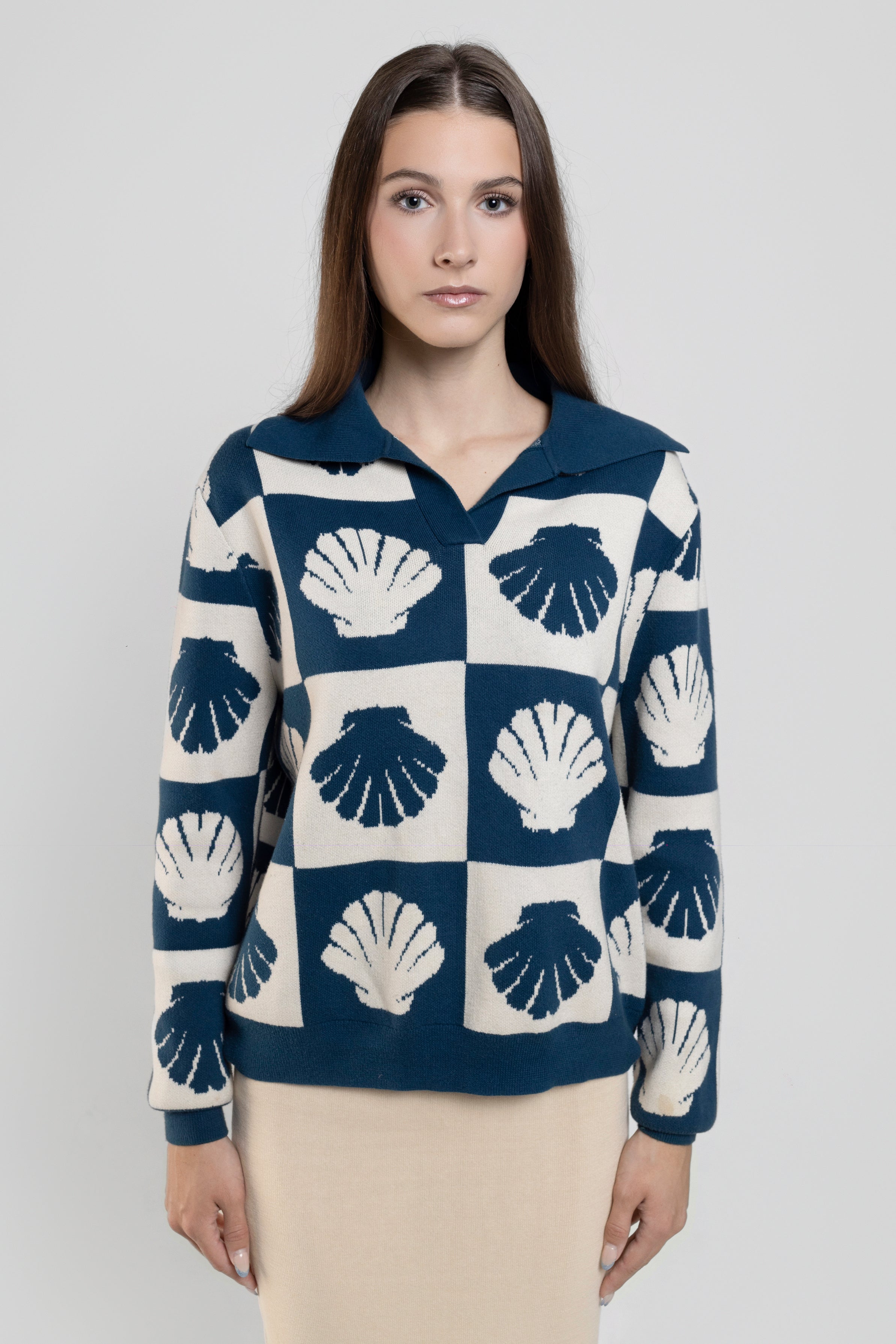 Long Sleeve Knit Polo In Blue Shell Print