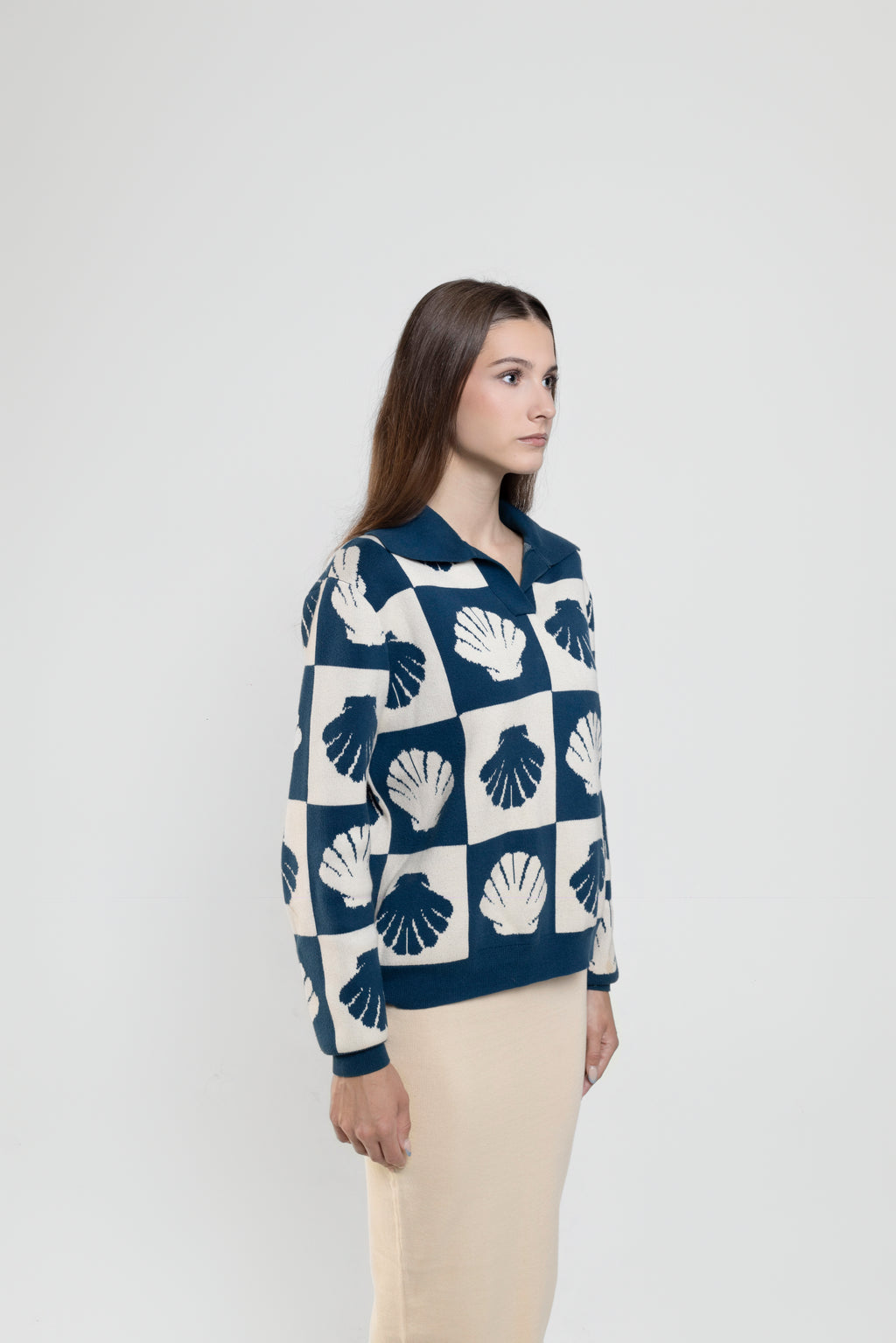 Long Sleeve Knit Polo In Blue Shell Print