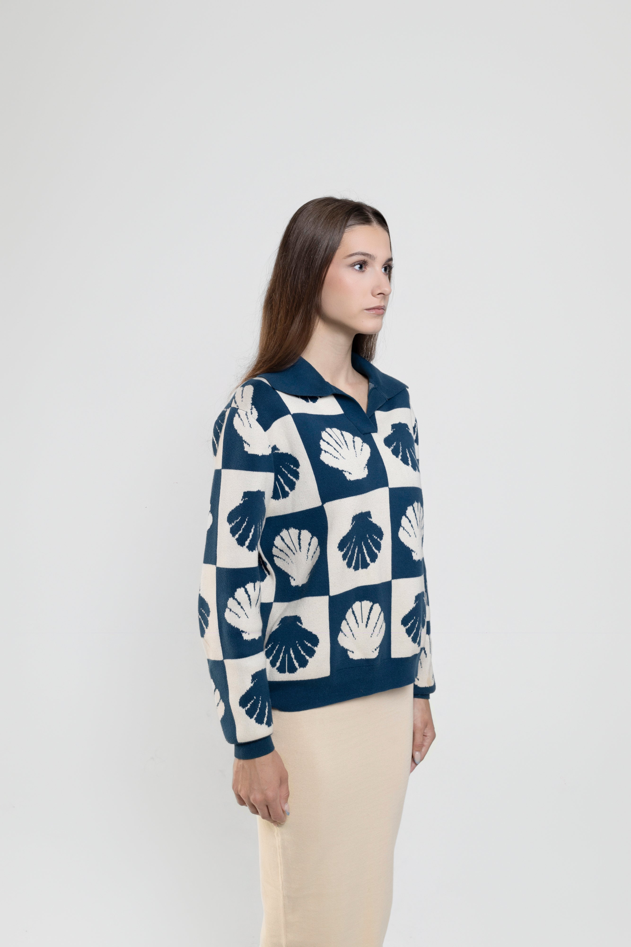 Long Sleeve Knit Polo In Blue Shell Print