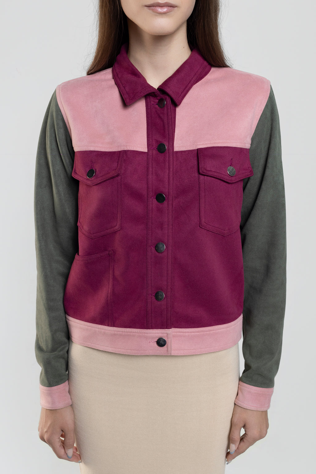 Saved By The Suede Fitted Moto Jacket In Red, Pink And Green