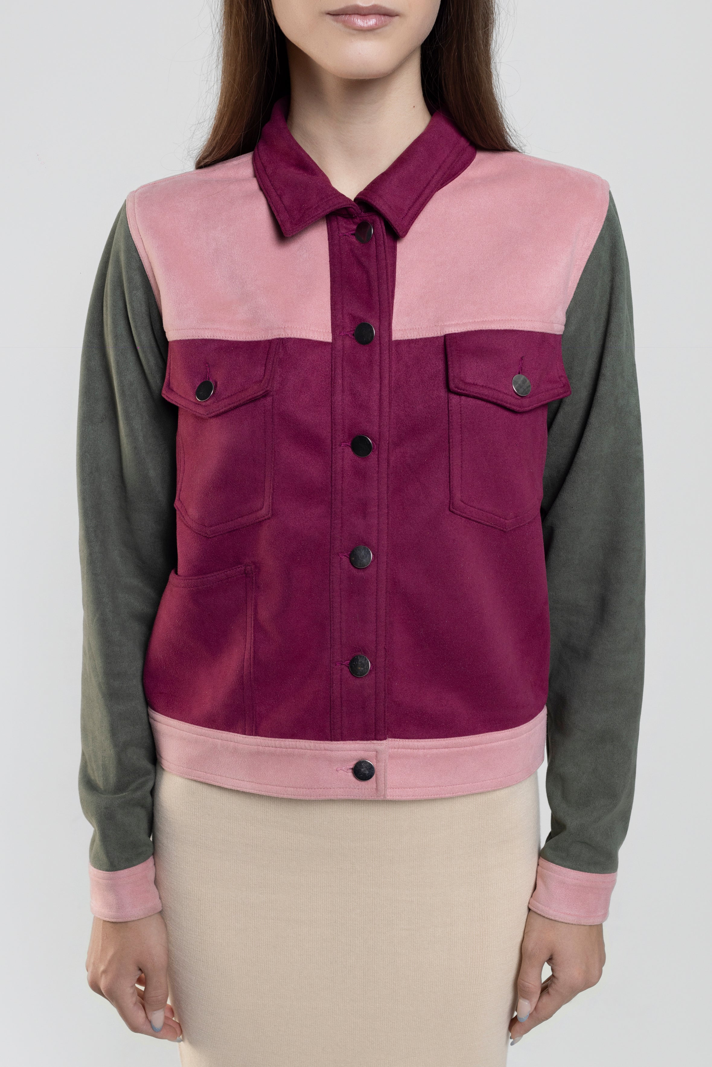 Saved By The Suede Fitted Moto Jacket In Red, Pink And Green