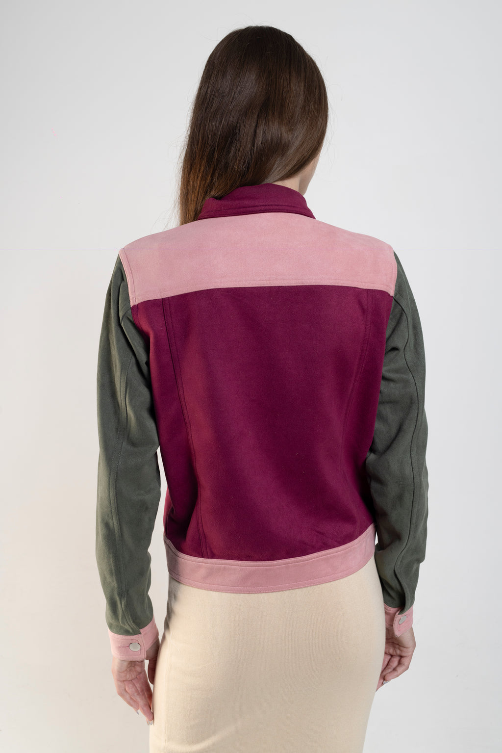 Saved By The Suede Fitted Moto Jacket In Red, Pink And Green