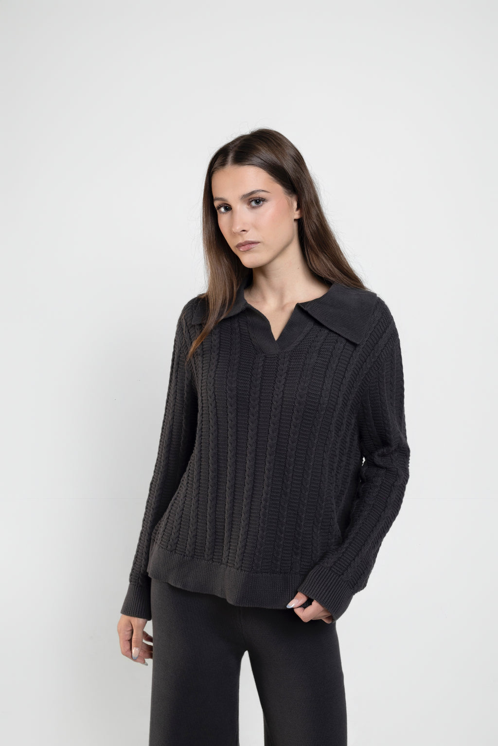 Cable Knit Long Sleeve Polo In Charcoal Grey