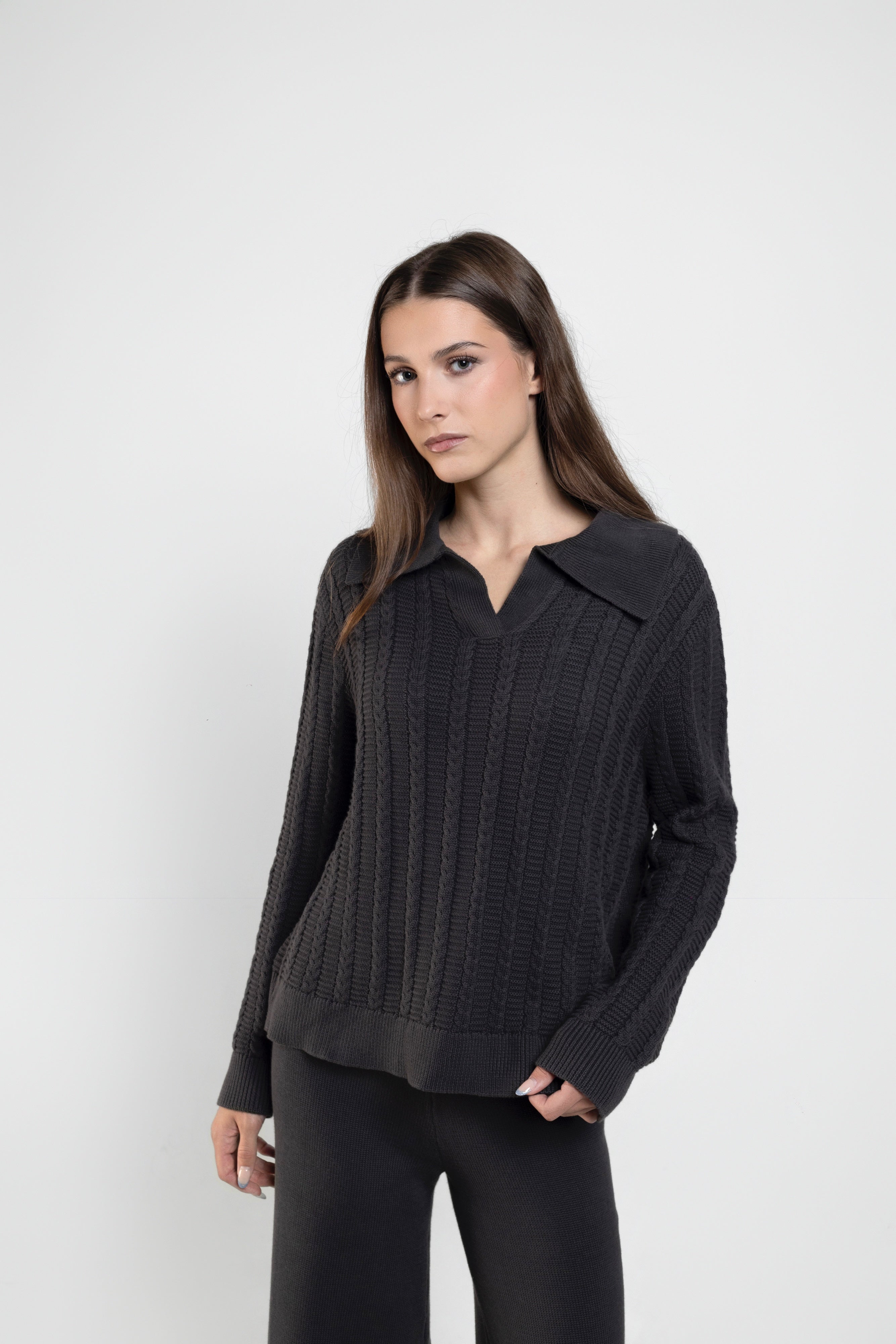 Cable Knit Long Sleeve Polo In Charcoal Grey