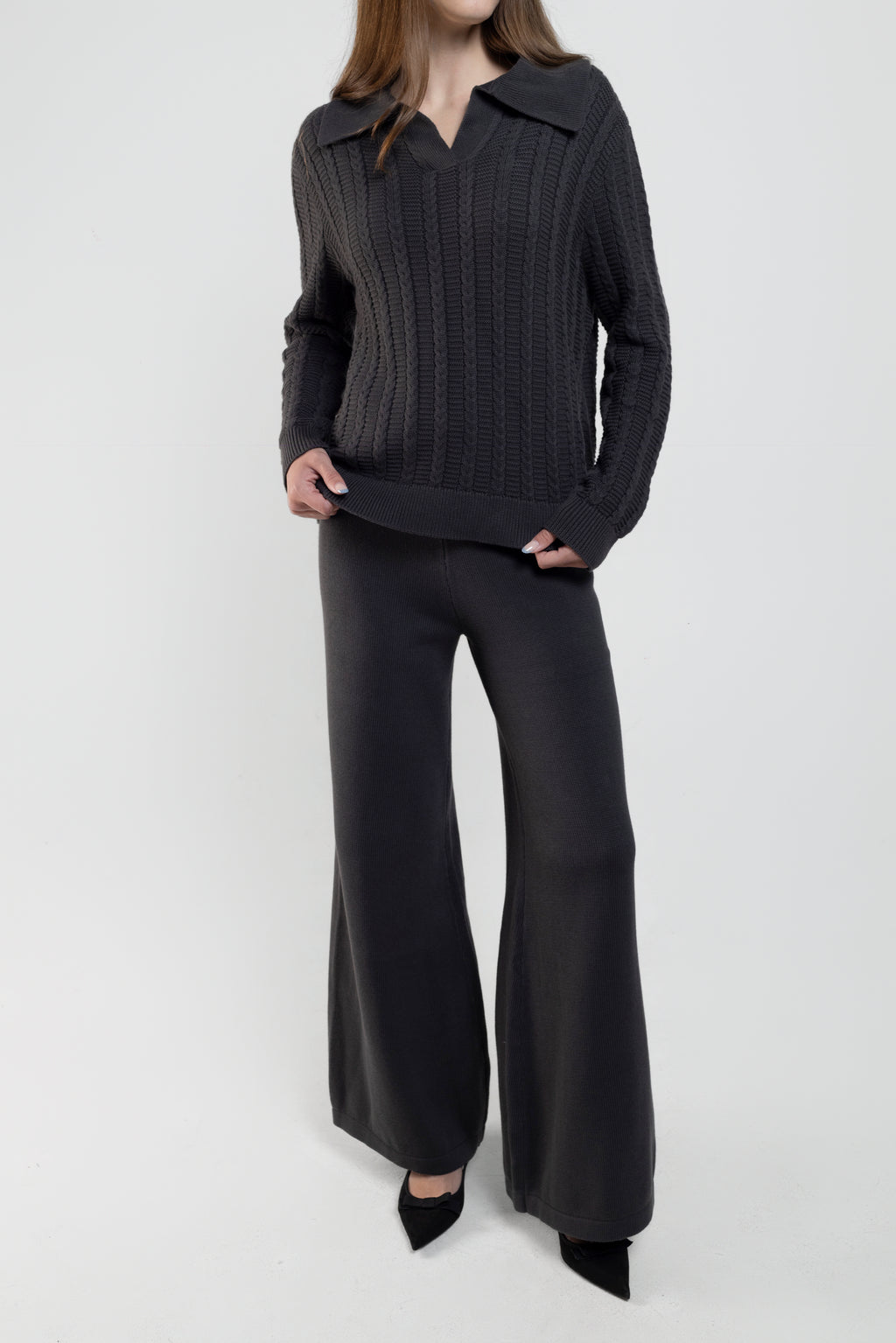 Farah Wide Leg Knit Pants In Charcoal