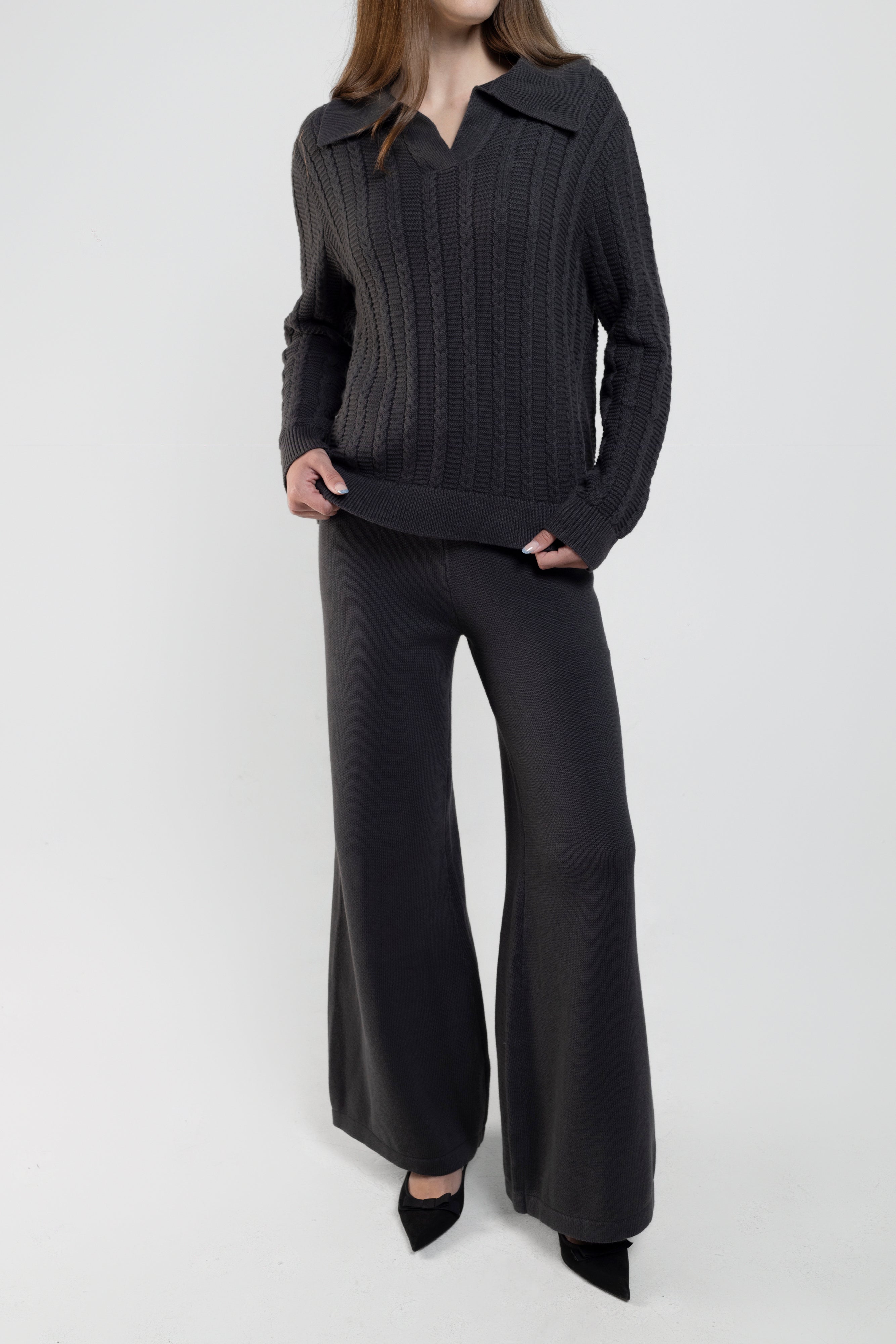 Farah Wide Leg Knit Pants In Charcoal