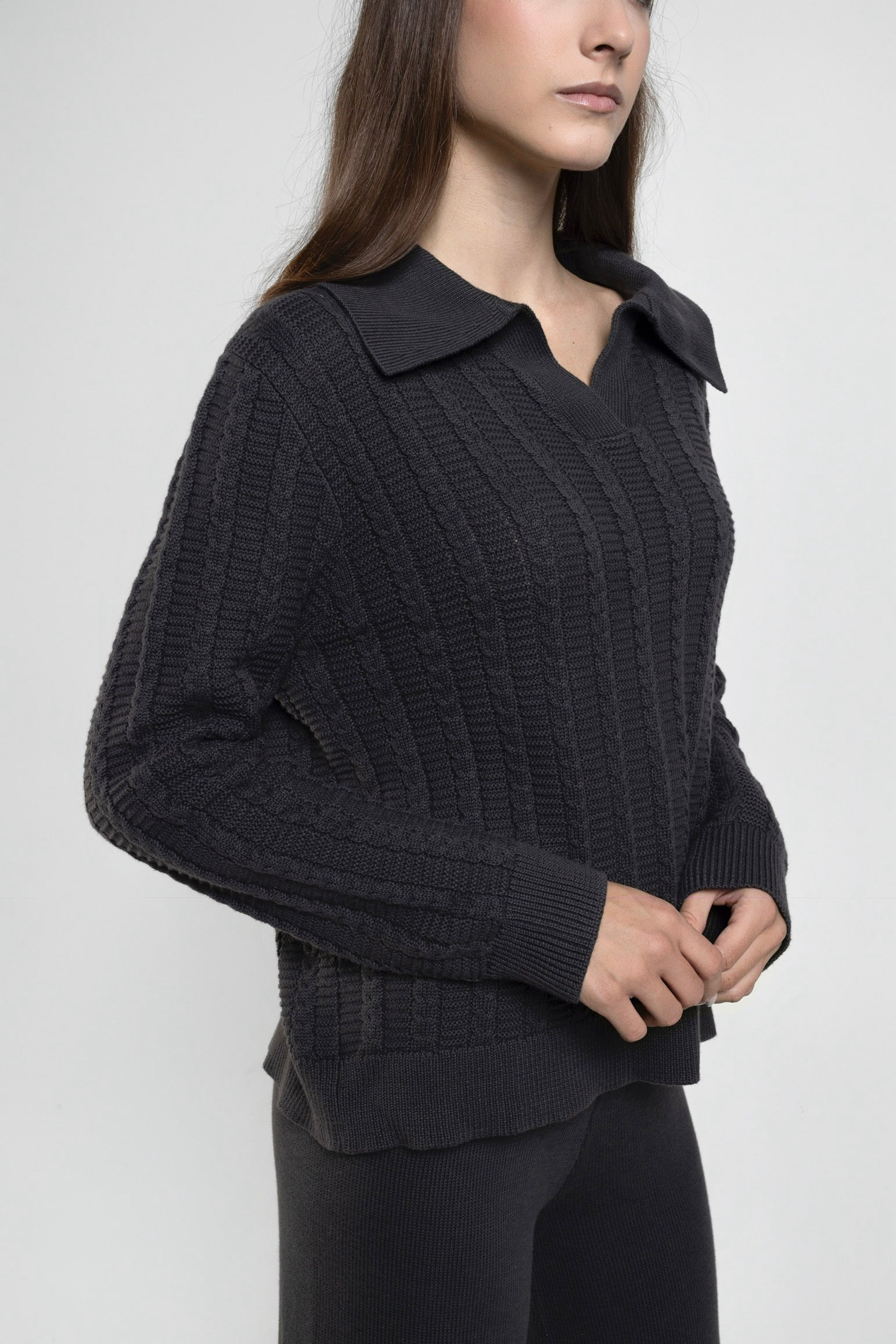 Cable Knit Long Sleeve Polo In Charcoal Grey
