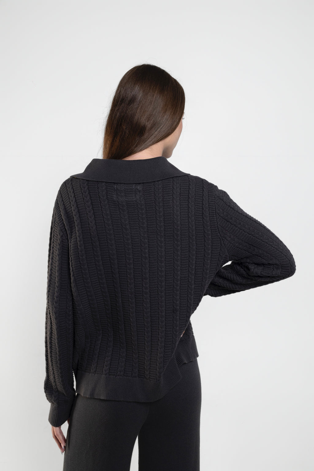 Cable Knit Long Sleeve Polo In Charcoal Grey
