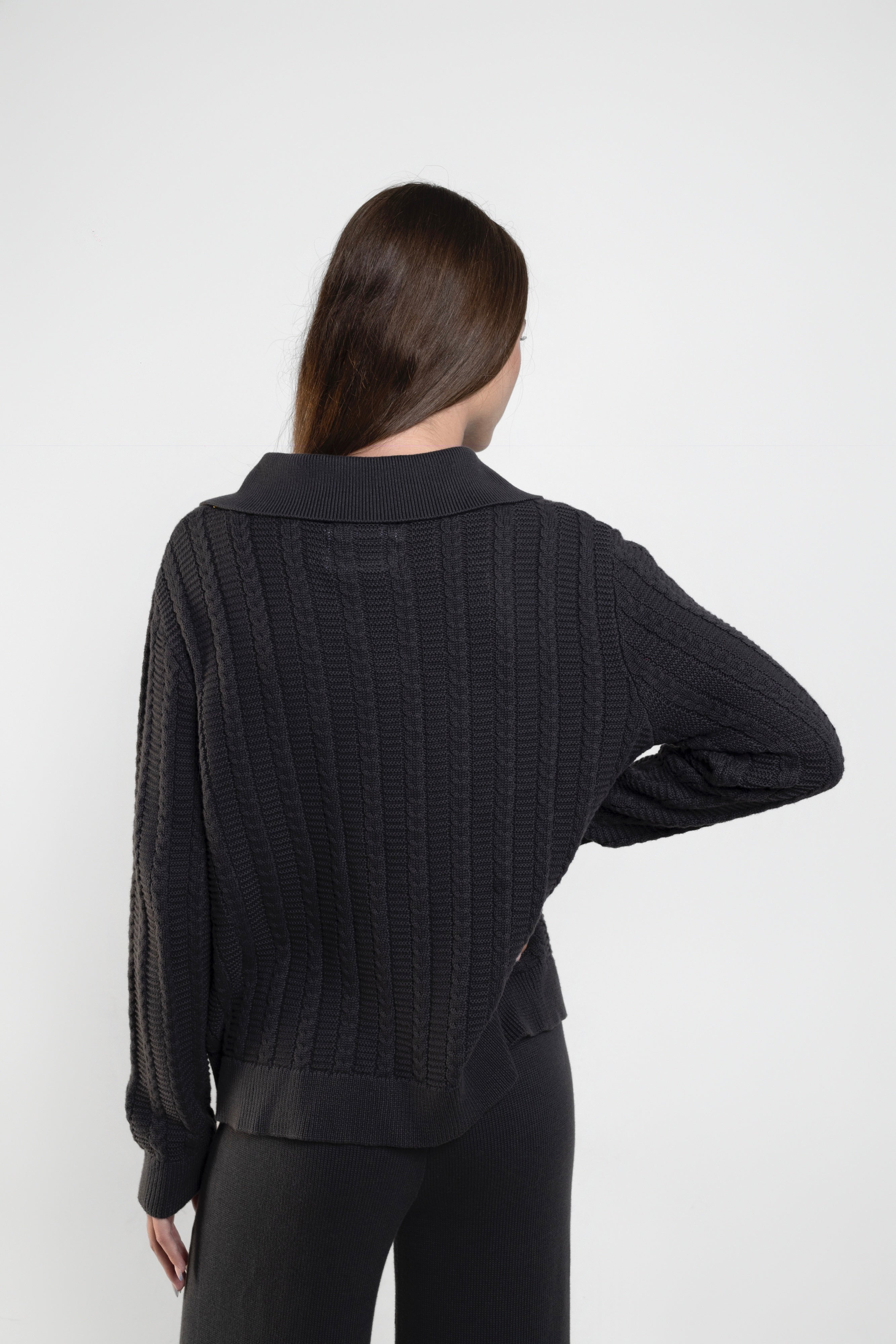 Cable Knit Long Sleeve Polo In Charcoal Grey