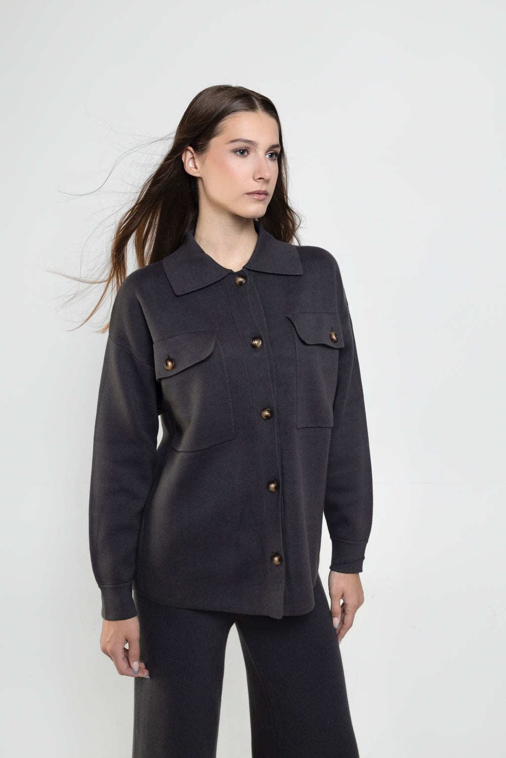 Lucy Knit Shacket In Charcoal