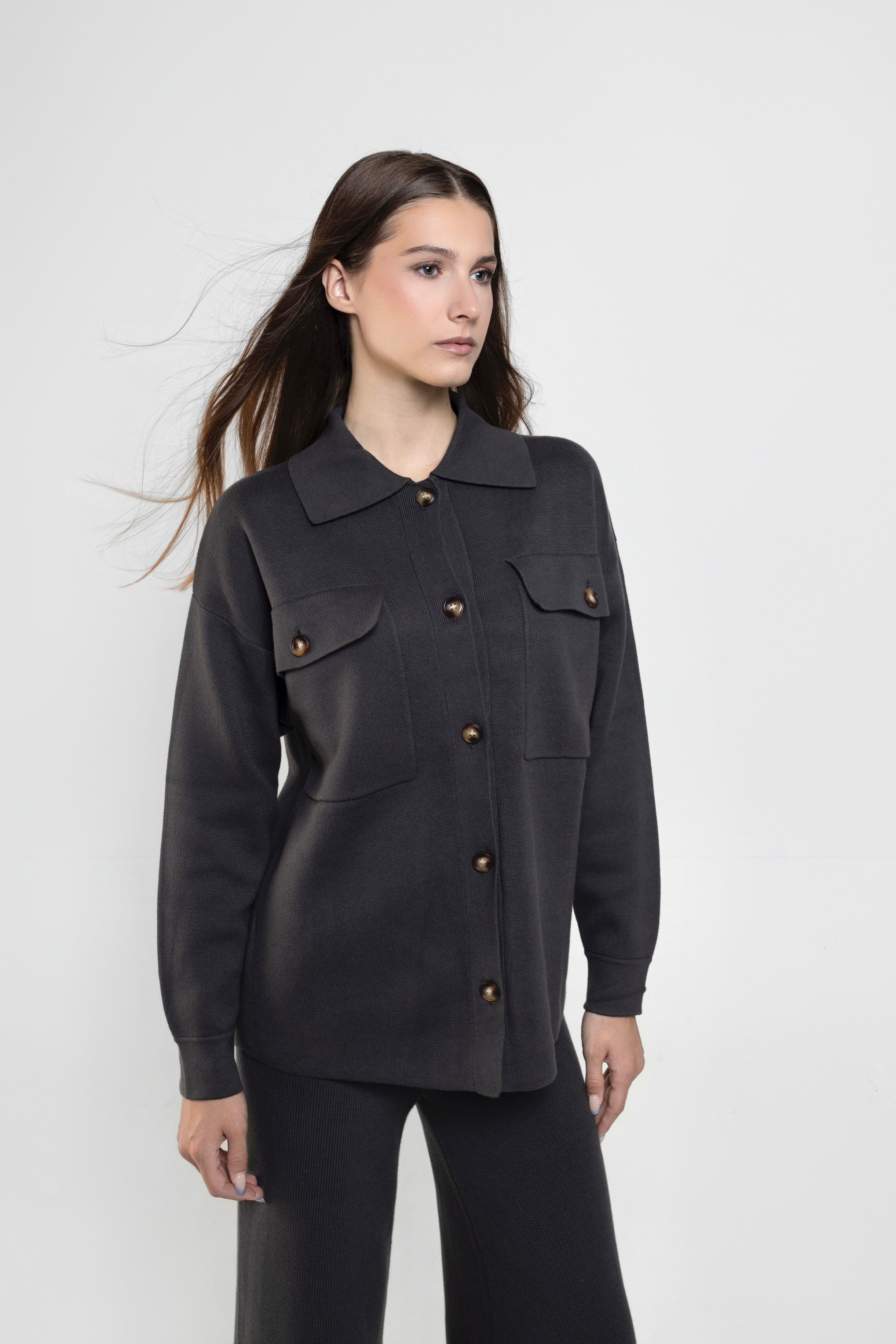 Lucy Knit Shacket In Charcoal