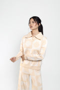 Long Sleeve Knit Polo in Tan Shell Print