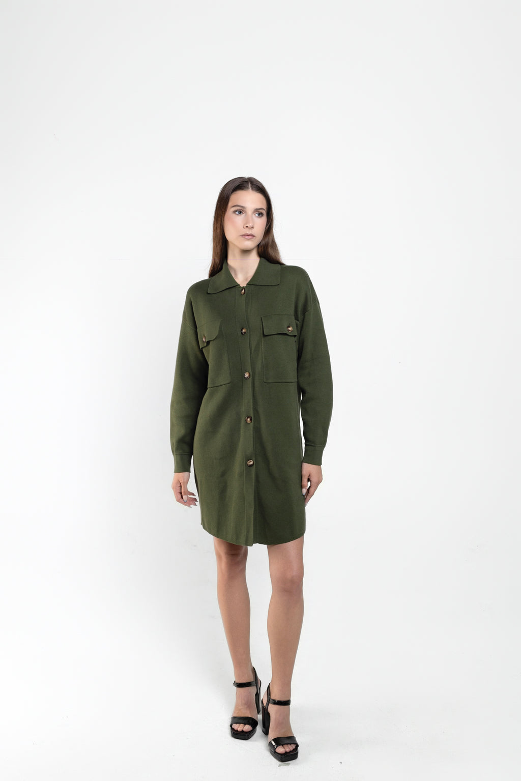 Ari Long Knit Shacket In Forest Green