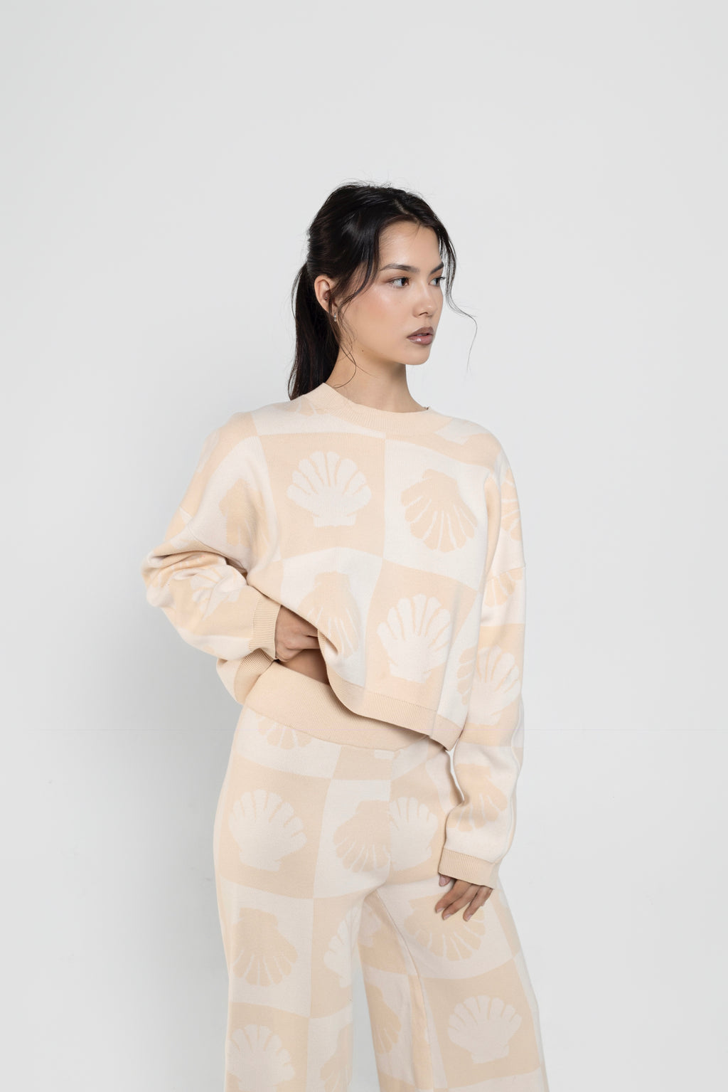 Nala Cropped Crewneck Sweater in Tan Shell Print