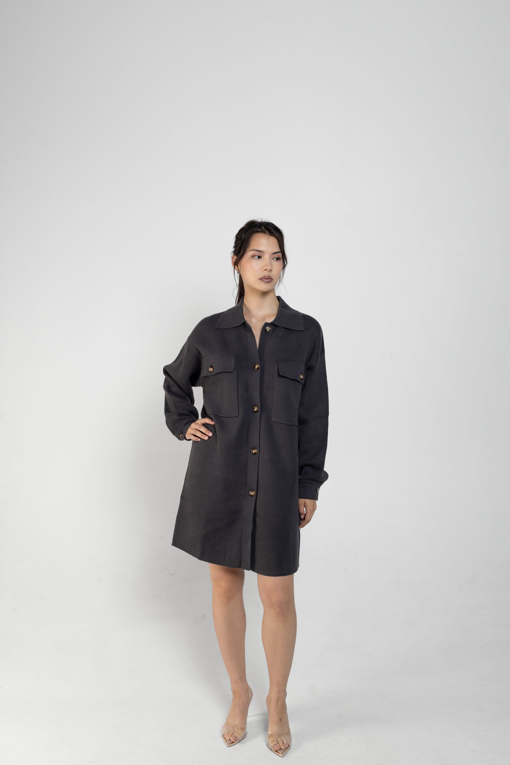 Ari Long Knit Shacket In Charcoal