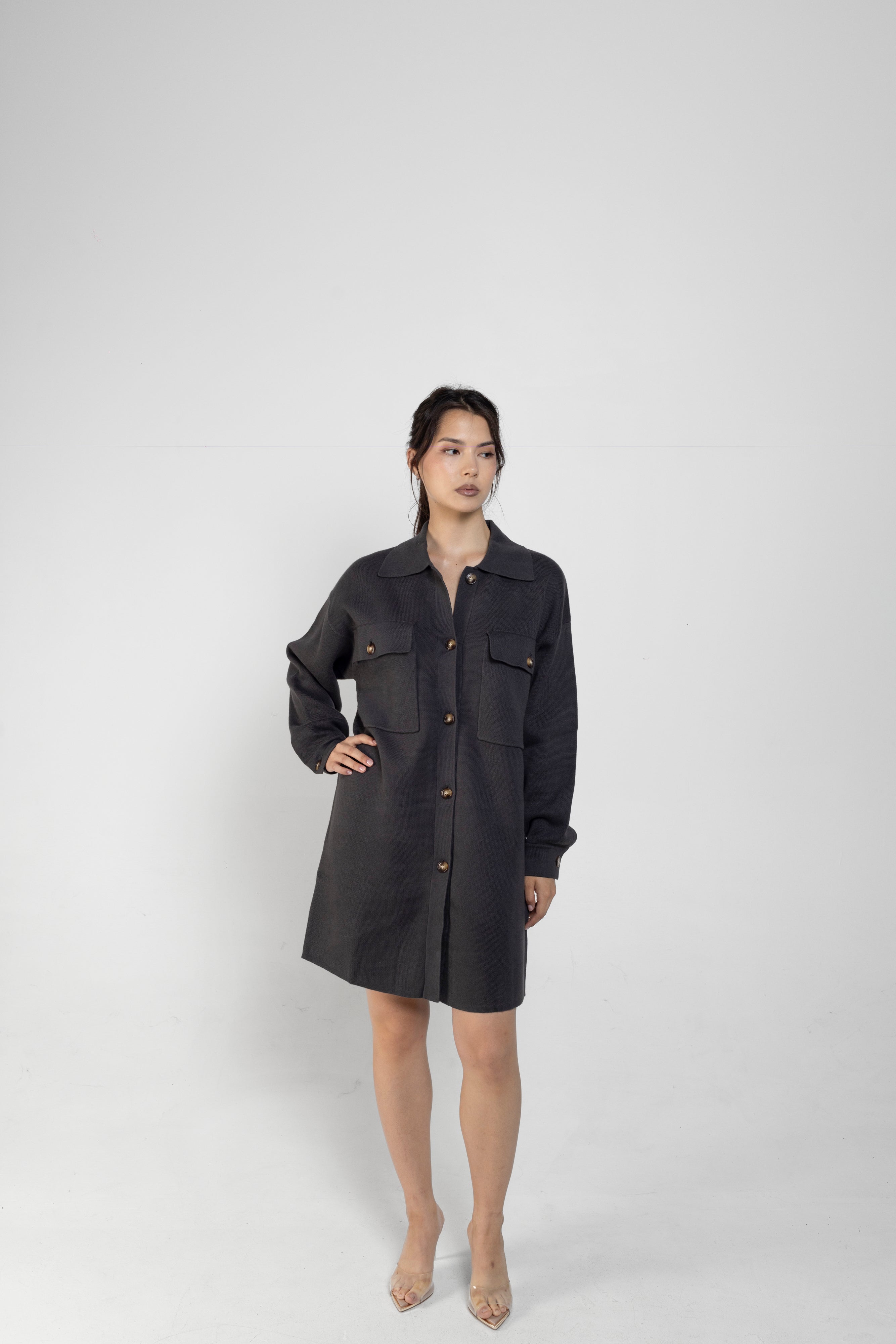 Ari Long Knit Shacket In Charcoal