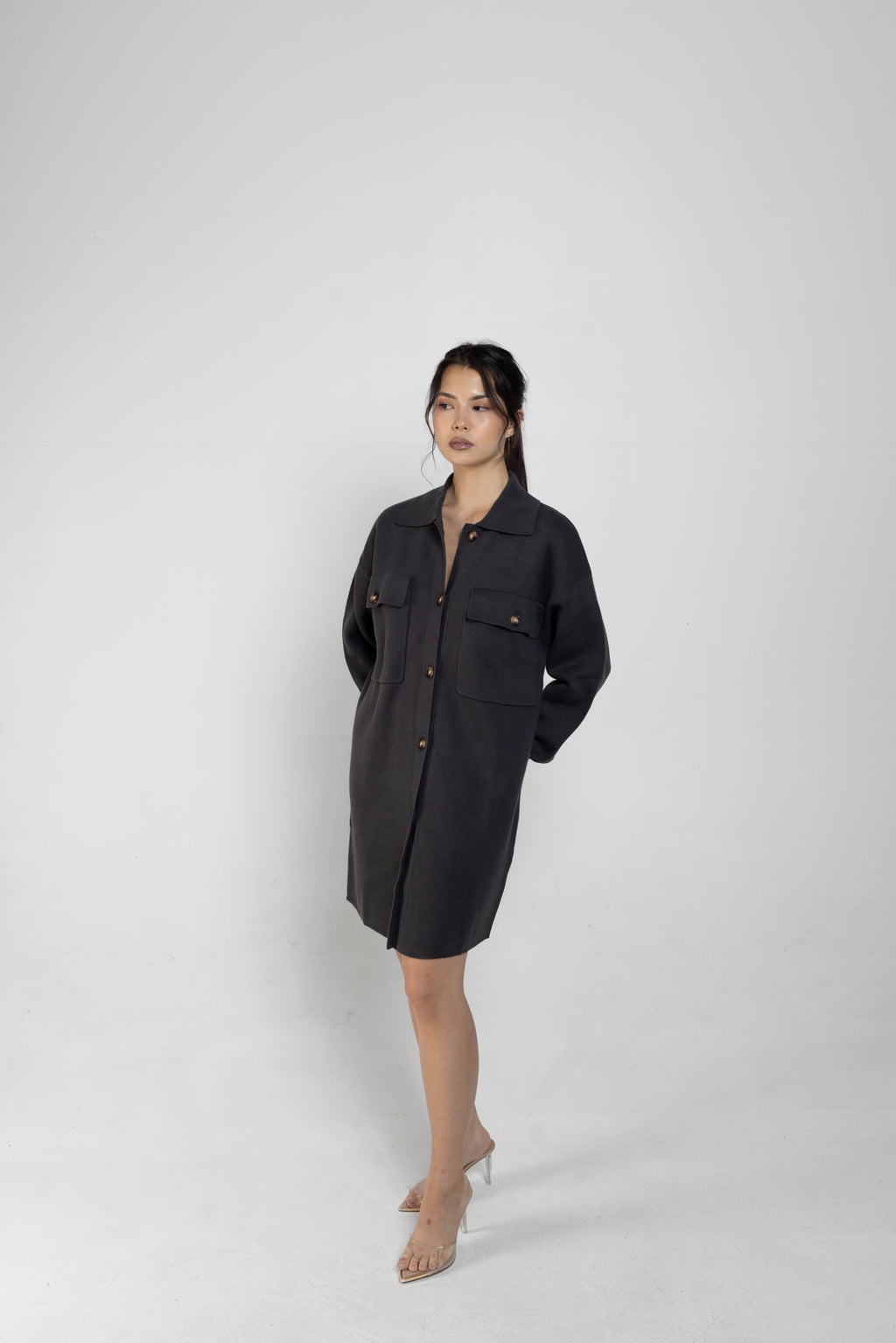 Ari Long Knit Shacket In Charcoal