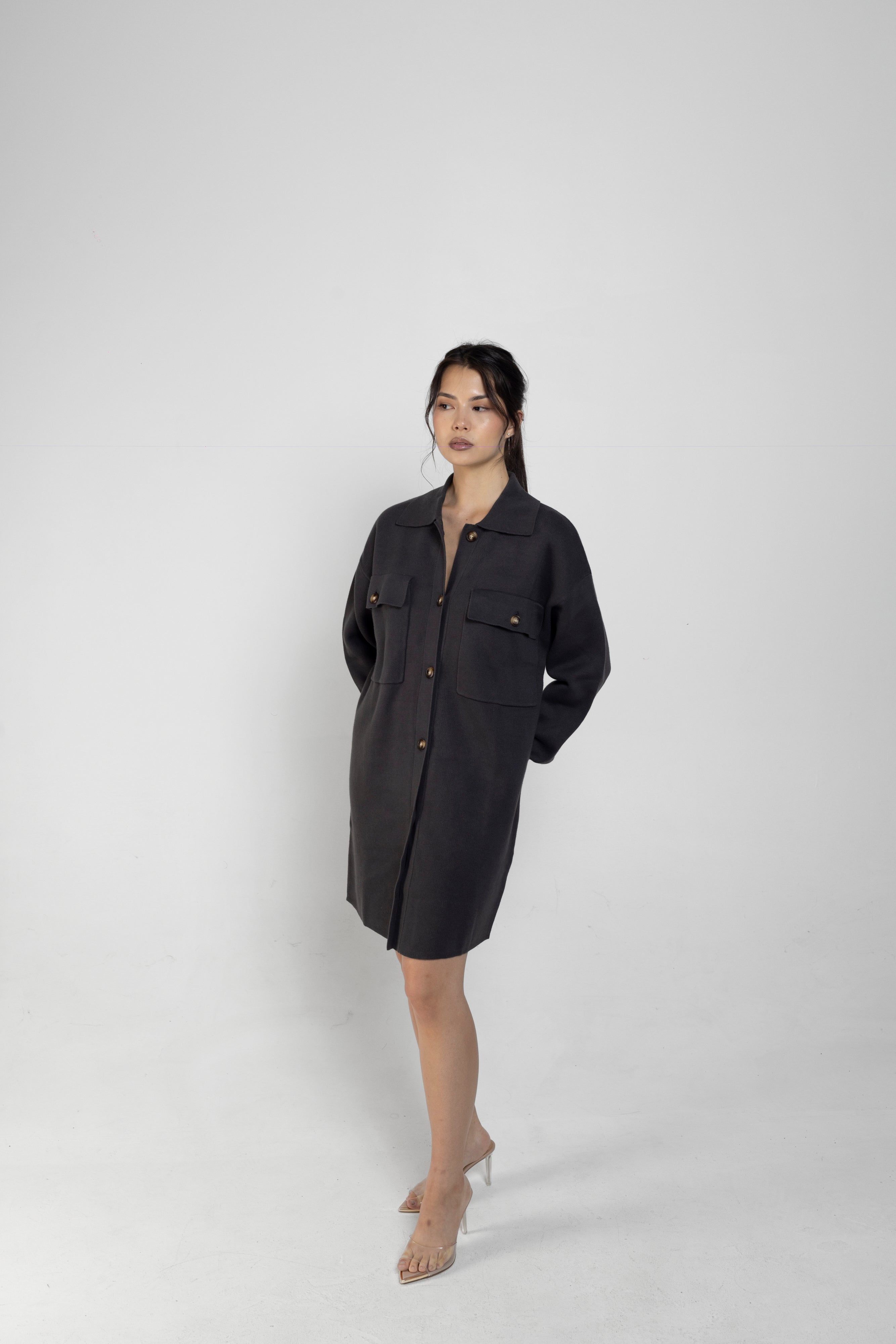Ari Long Knit Shacket In Charcoal