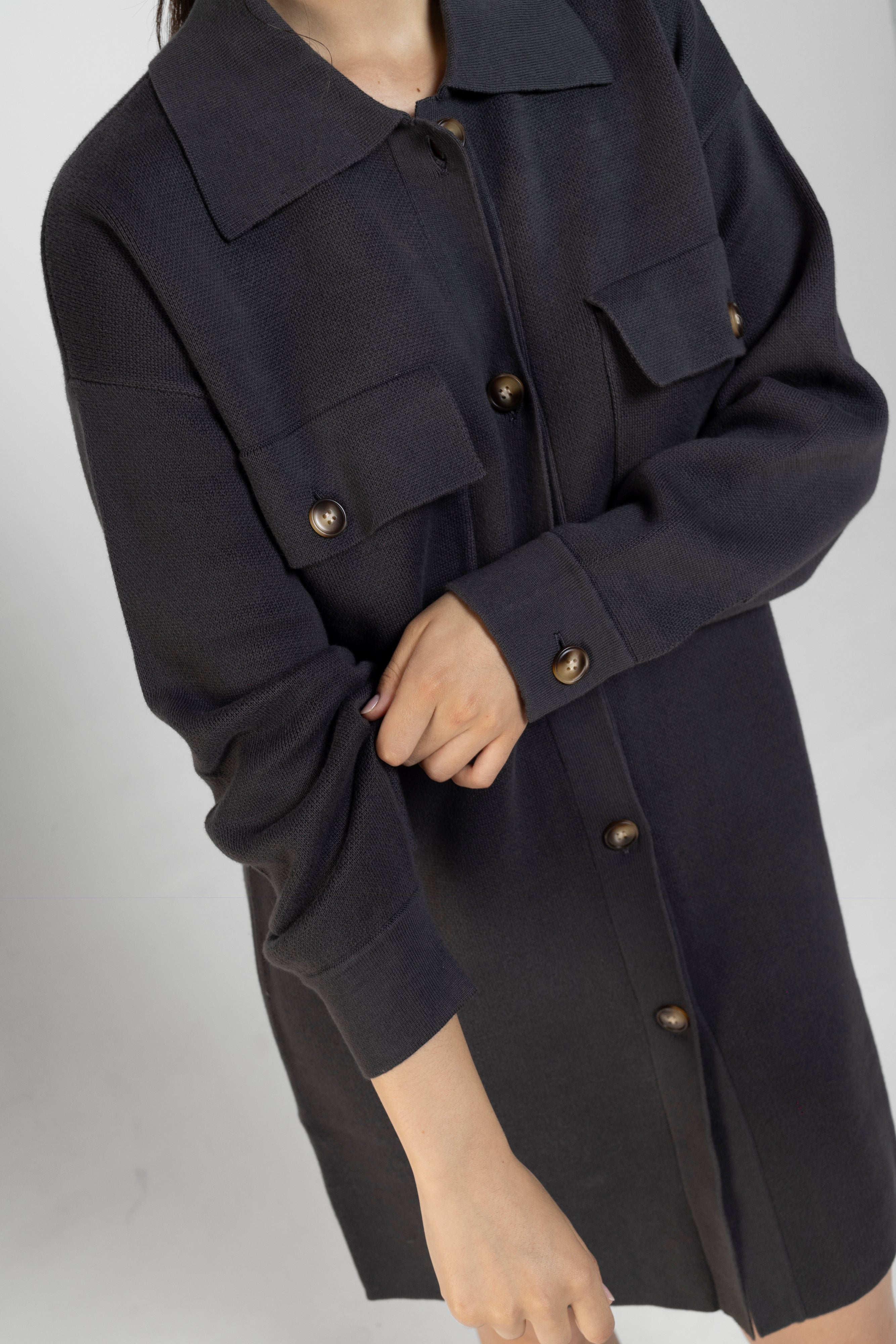 Ari Long Knit Shacket In Charcoal