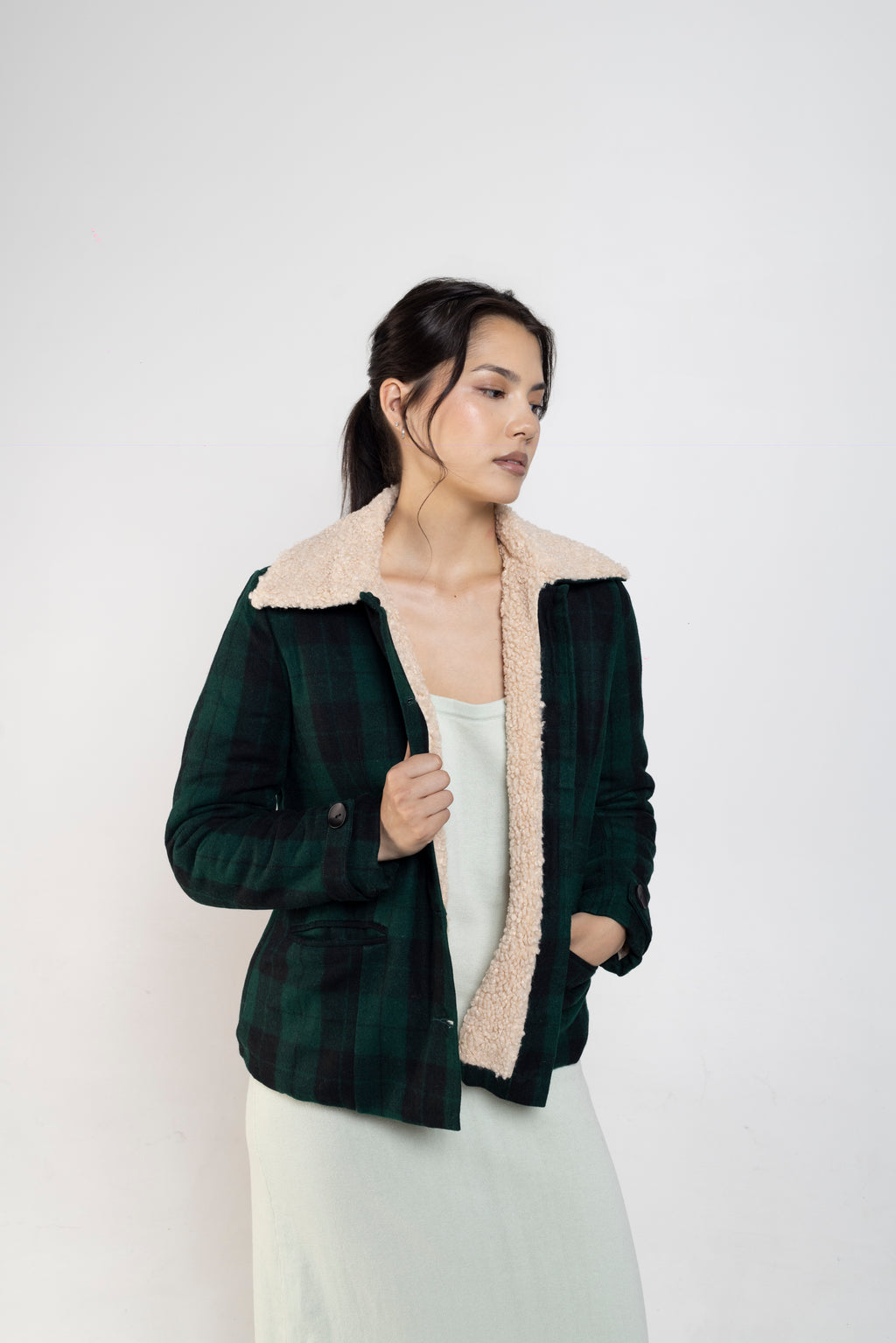 Eloise Boucle Lined Cropped Jacket In Green Plaid
