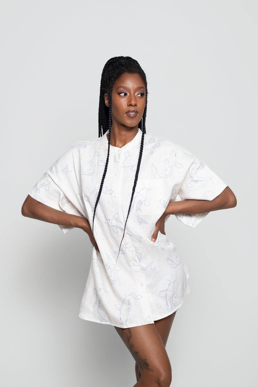 Acting Koi Boxy Linen Shirt Dress In White And Blue