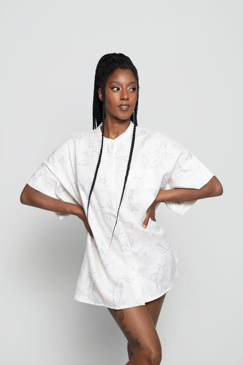 Acting Koi Boxy Linen Shirt Dress In White And Blue