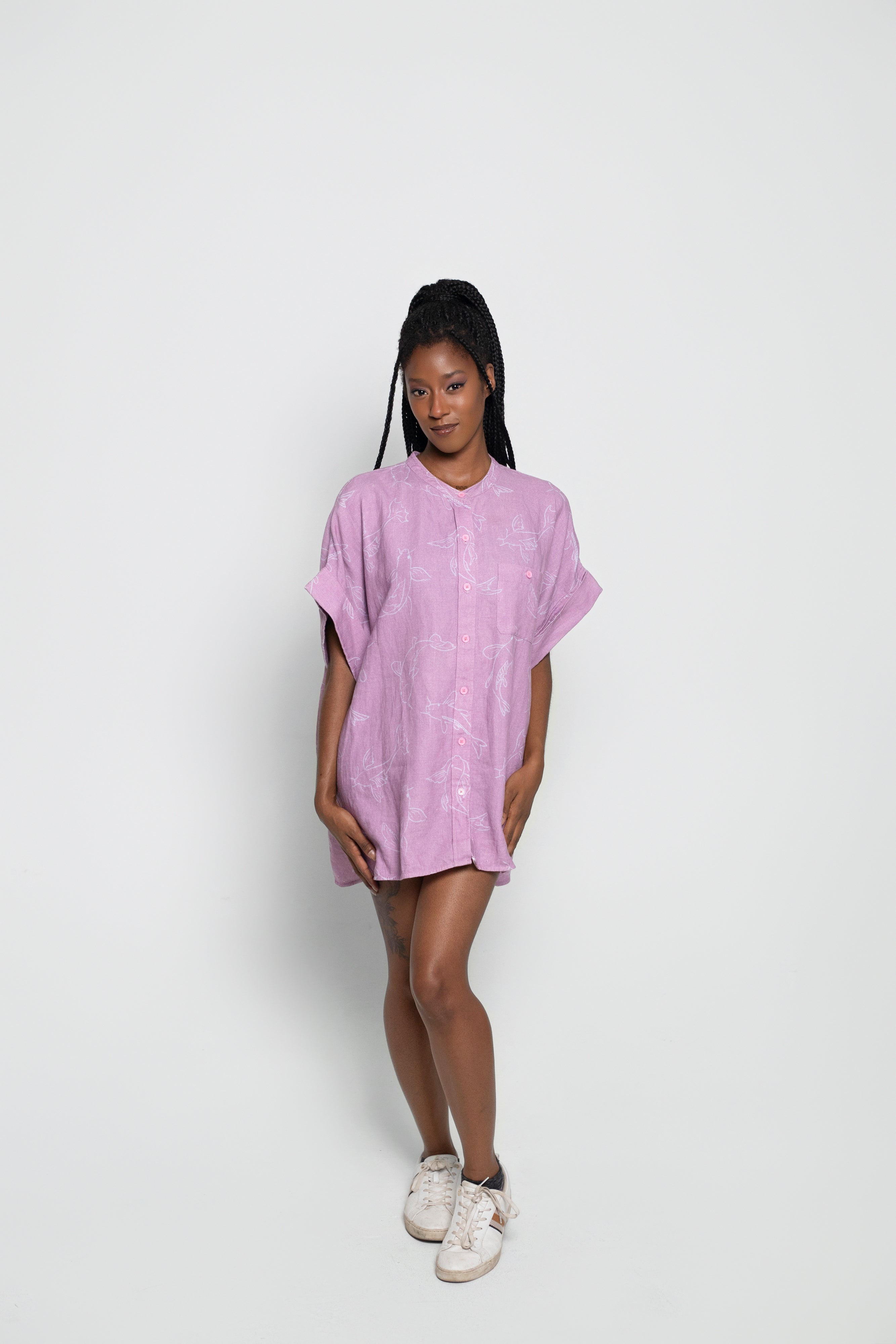 Acting Koi Boxy Linen Shirt Dress In Purple
