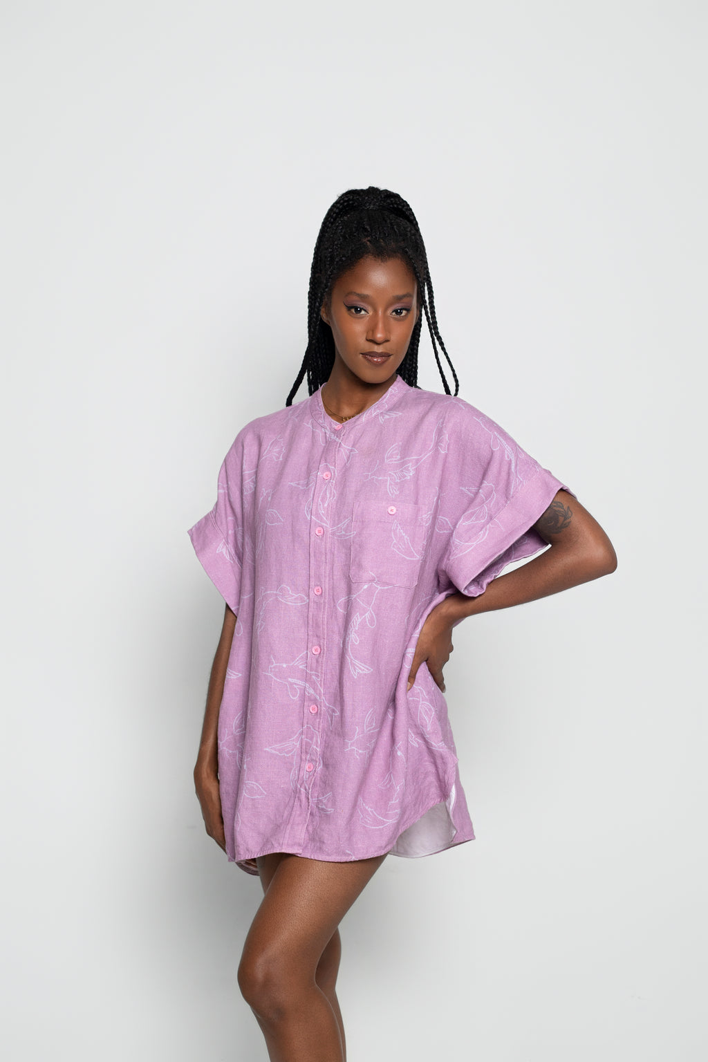 Acting Koi Boxy Linen Shirt Dress In Purple