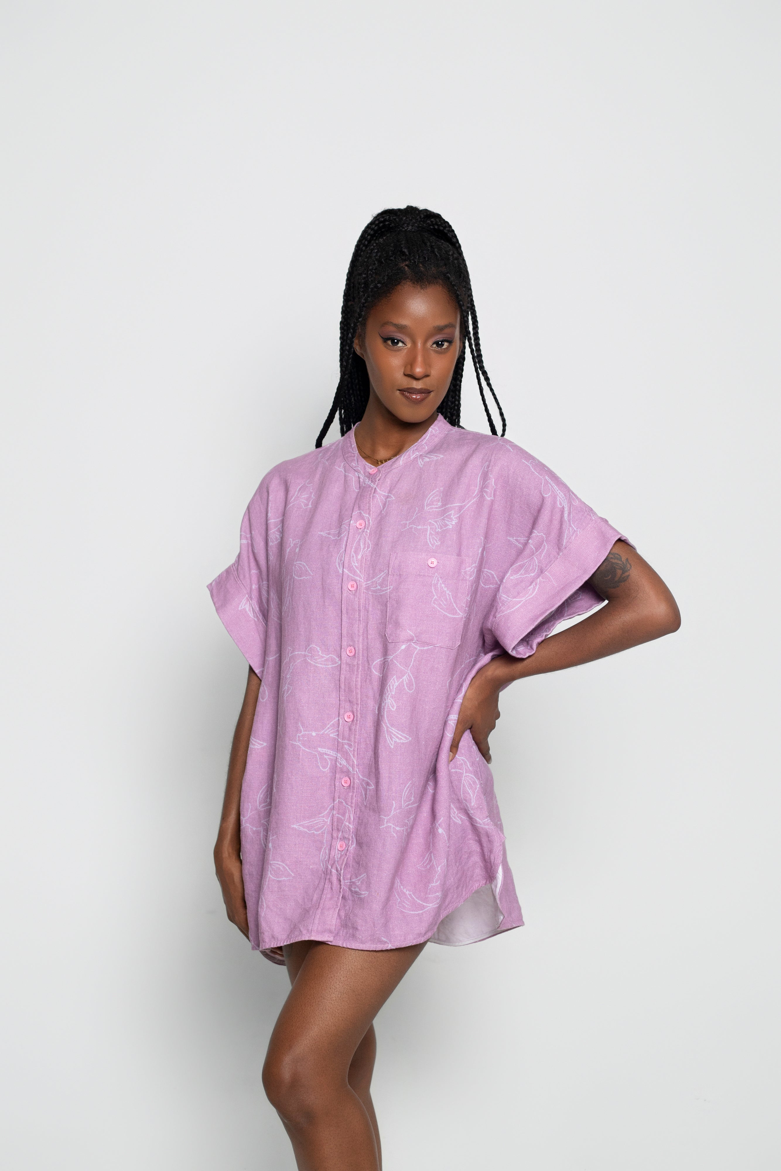 Acting Koi Boxy Linen Shirt Dress In Purple
