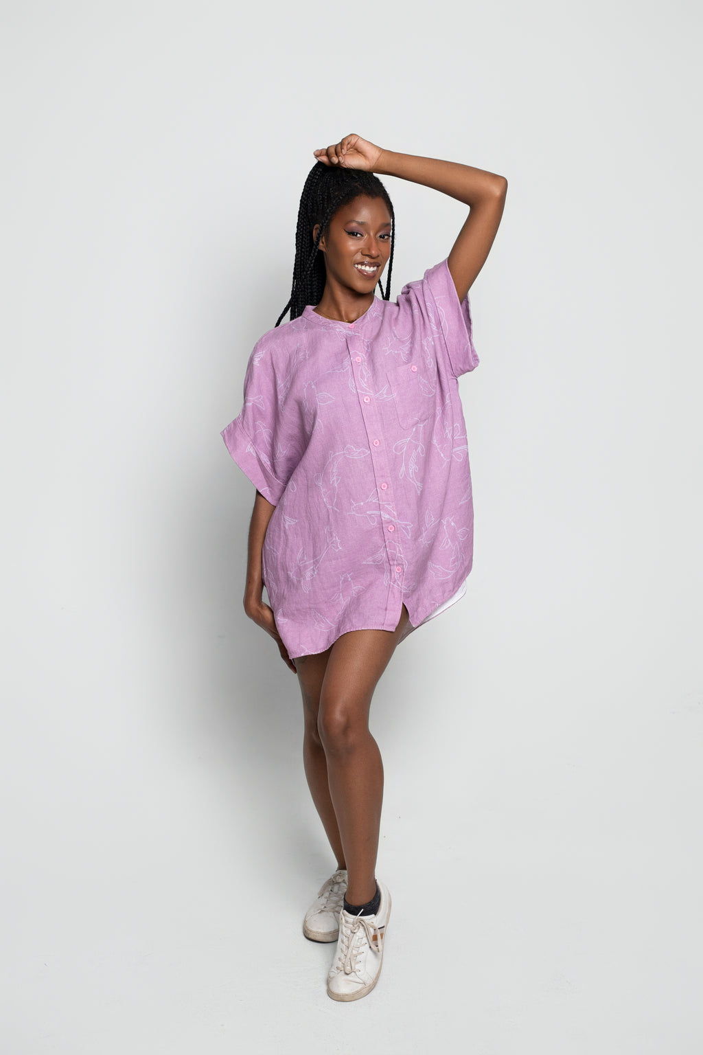 Acting Koi Boxy Linen Shirt Dress In Purple