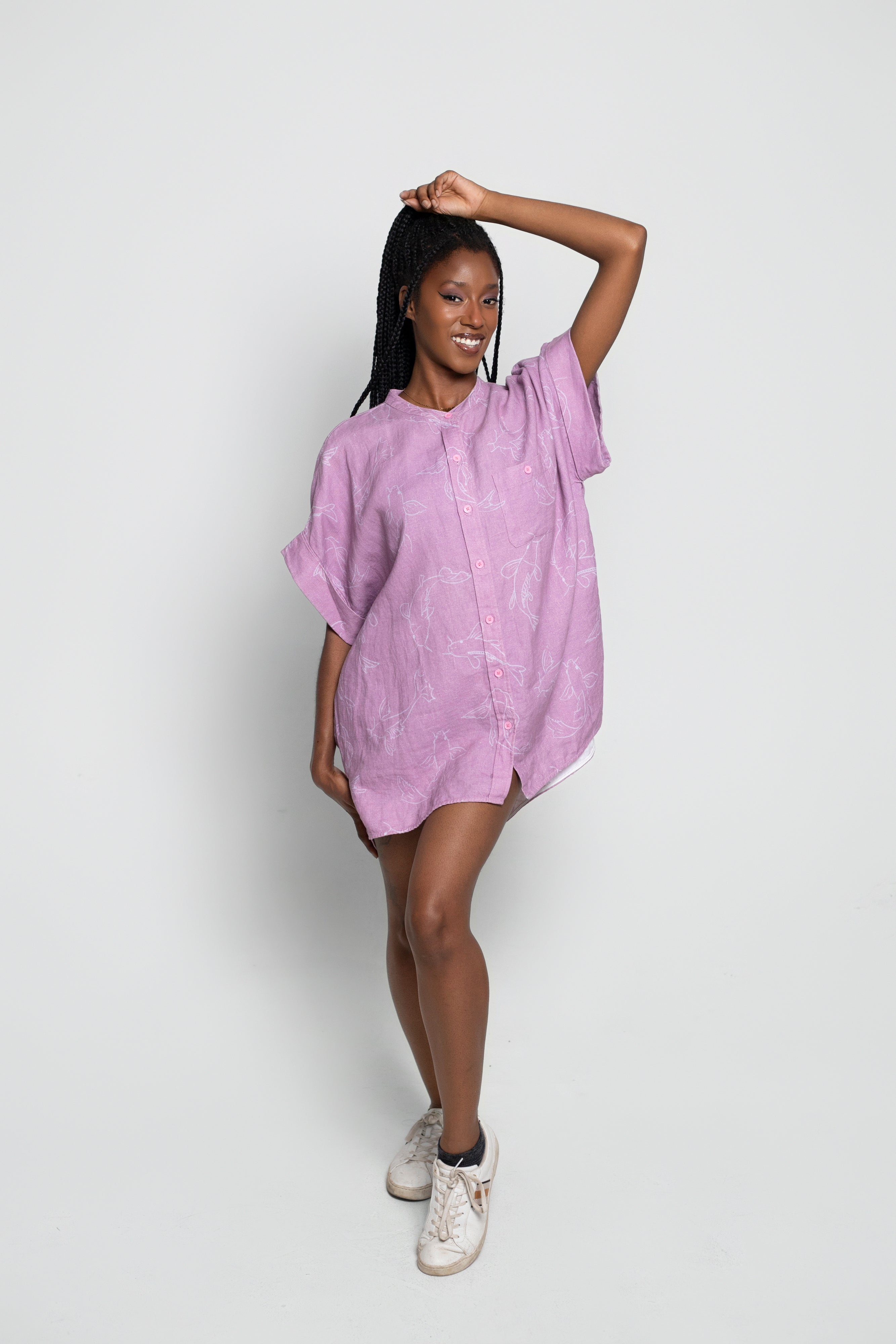 Acting Koi Boxy Linen Shirt Dress In Purple