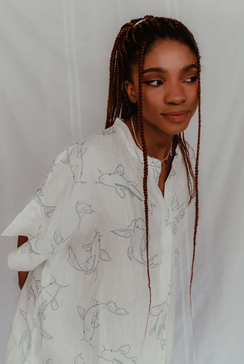 Acting Koi Boxy Linen Shirt Dress In White And Blue