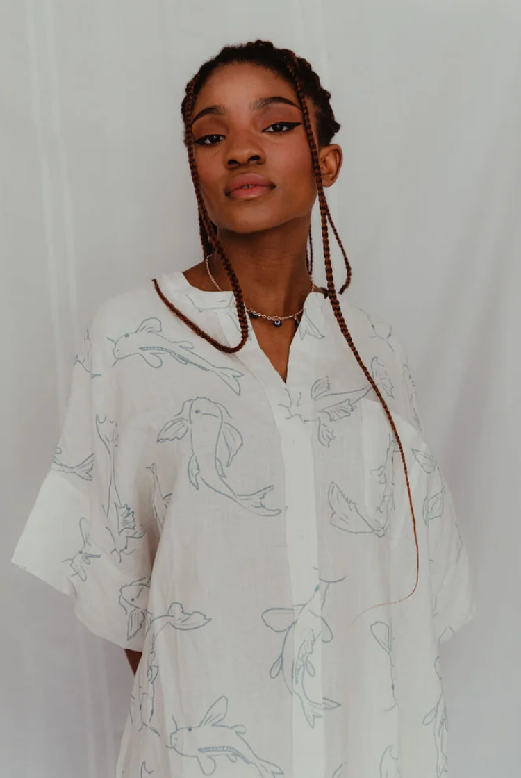 Acting Koi Boxy Linen Shirt Dress In White And Blue