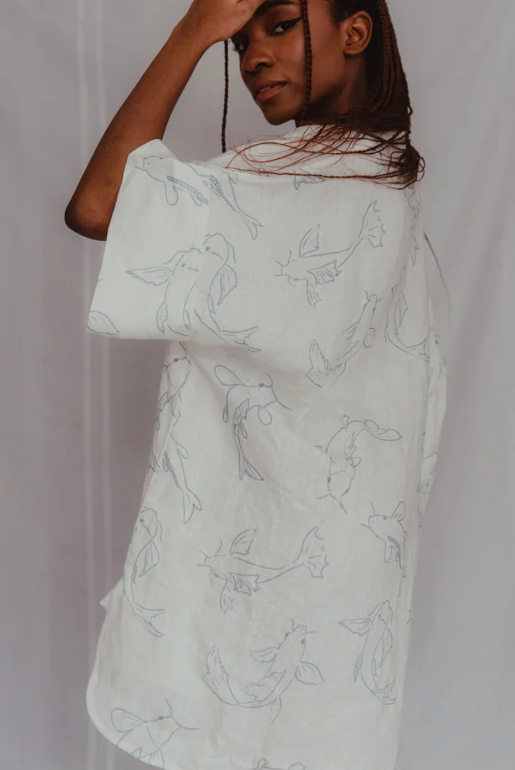 Acting Koi Boxy Linen Shirt Dress In White And Blue