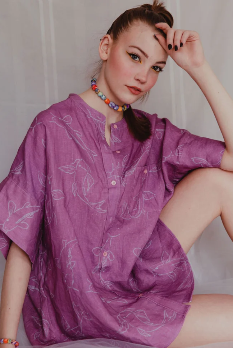 Acting Koi Boxy Linen Shirt Dress In Purple