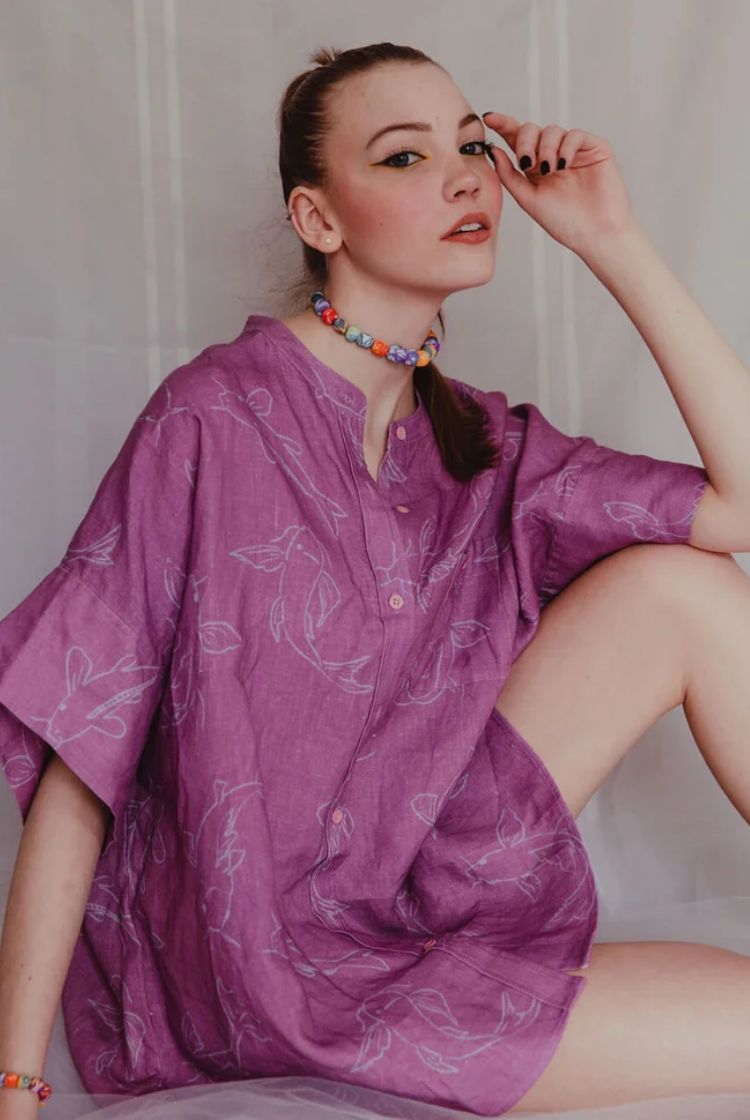 Acting Koi Boxy Linen Shirt Dress In Purple