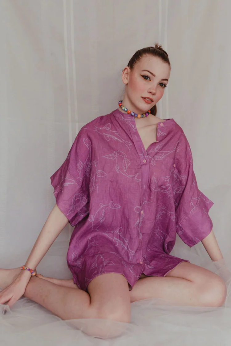 Acting Koi Boxy Linen Shirt Dress In Purple