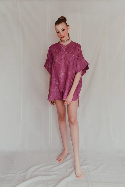 Acting Koi Boxy Linen Shirt Dress In Purple