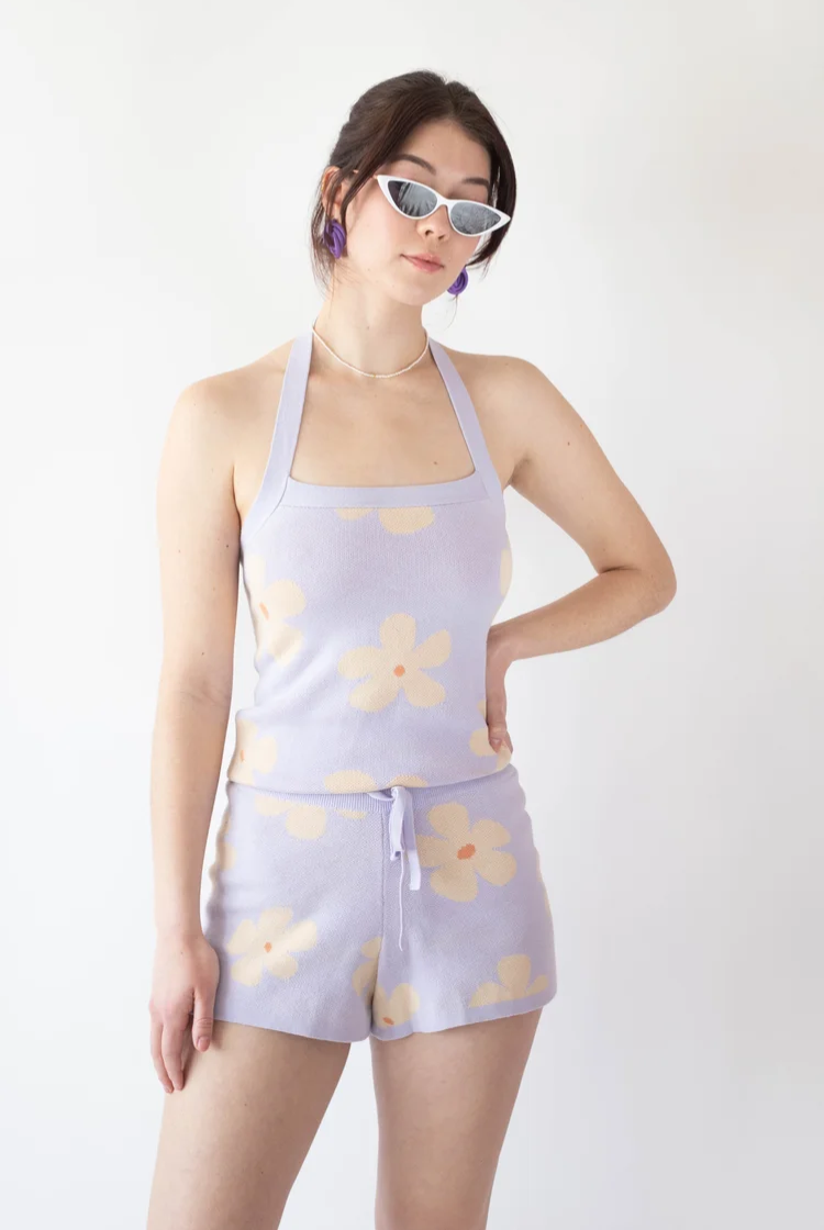 Harpe Knit Halter Top In Lilac Daisy Print