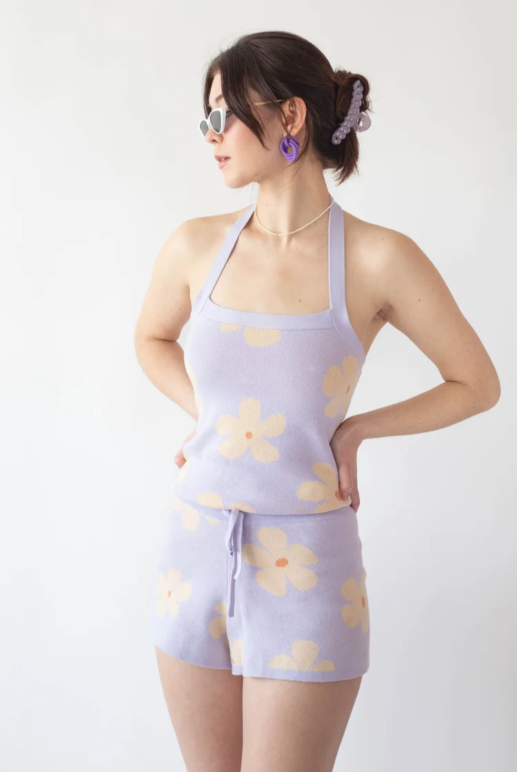 Harpe Knit Halter Top In Lilac Daisy Print