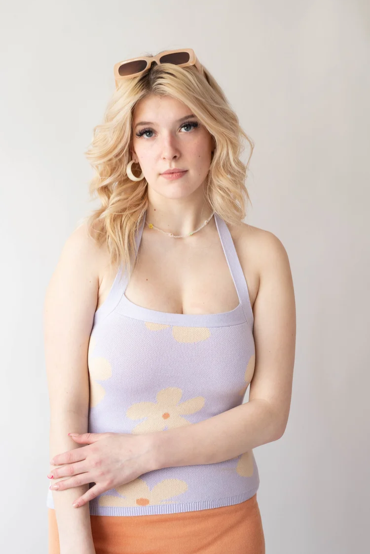 Harpe Knit Halter Top In Lilac Daisy Print