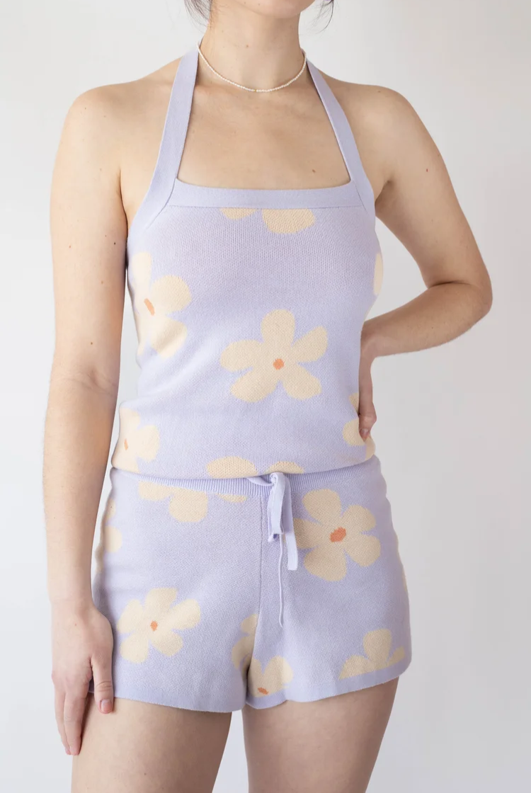 Harpe Knit Halter Top In Lilac Daisy Print
