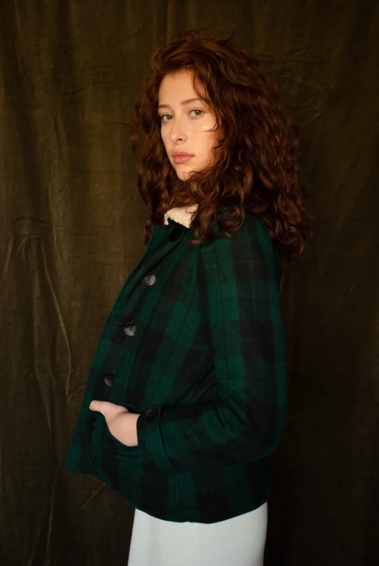 Eloise Boucle Lined Cropped Jacket In Green Plaid